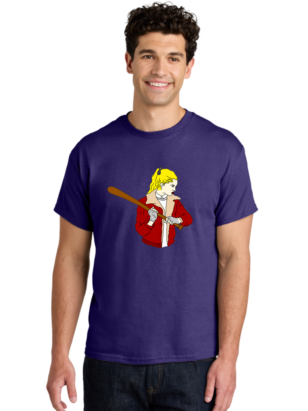 Girl-With-Baseball-Bat Men'S Graphic Tee, 100% Cotton, Comfortable Casual Summer Wear, Machine Washable, Girl With Blonde Hair, Red Jacket With Fur Collar, Holding Baseball Bat, Cartoon Style, Baseball Player, Young Athlete, Sporty Girl, -  Aaa044