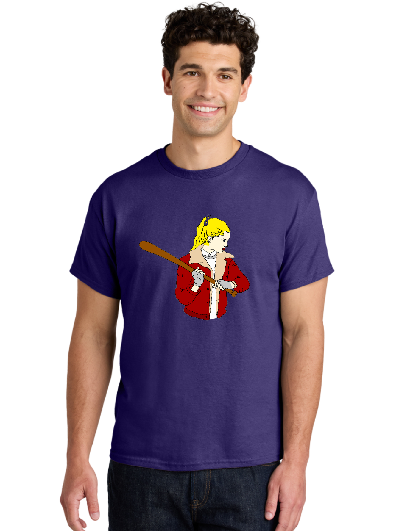 Girl-With-Baseball-Bat Men'S Graphic Tee, 100% Cotton, Comfortable Casual Summer Wear, Machine Washable, Girl With Blonde Hair, Red Jacket With Fur Collar, Holding Baseball Bat, Cartoon Style, Baseball Player, Young Athlete, Sporty Girl, -  Aaa044