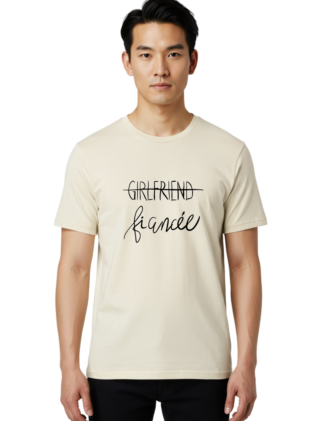 Girlfriend-Fiancee Men'S Graphic Tee, 100% Cotton, Comfortable Casual Summer Wear, Machine Washable, Girlfriend Crossed Out, Fiancée Written Below, Relationship Status Change, Commitment Upgrade, Word Art, Text Overlay, Relationship Goals -  Aaa045