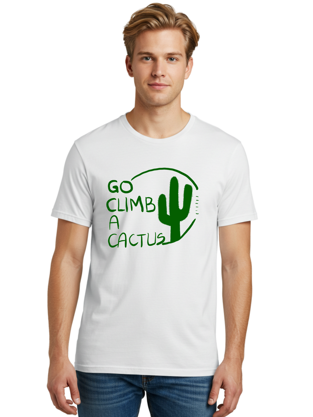 Go-Climb-A-Cactus Men'S Graphic Tee, 100% Cotton, Comfortable Casual Summer Wear, Machine Washable, Go Climb Cactus, Funny Sayings, Motivational Quotes, Satire, Humor, Adventure, Outdoors, Quirky, Cactus Love, Sarcasm -  Aaa047