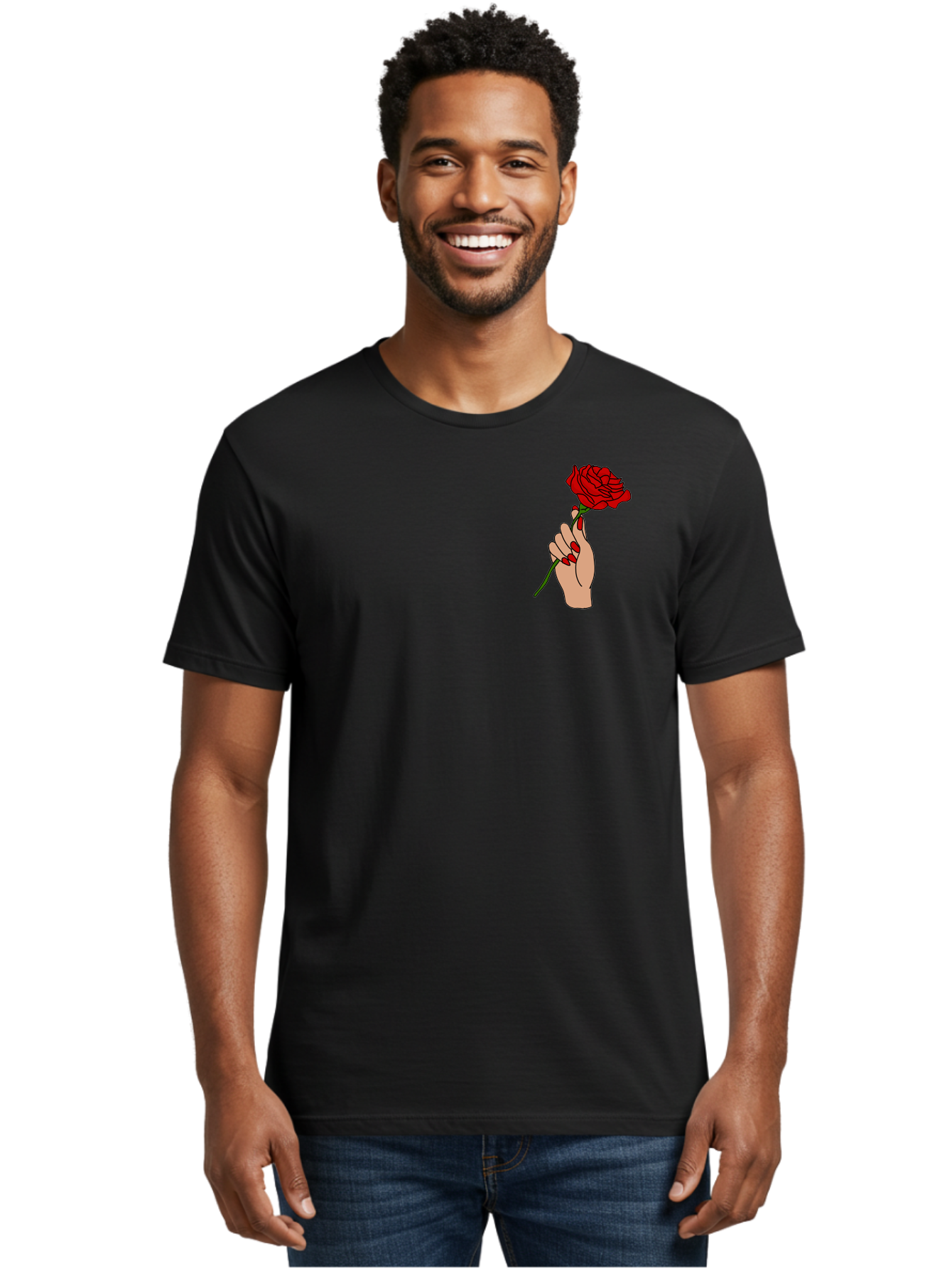 Hand-Holding-Red-Rose Men'S Graphic Tee, 100% Cotton, Comfortable Casual Summer Wear, Machine Washable, Hand Holding Red Rose, Red Rose Illustration, Romantic Gesture, Beautiful Flowers, Lovely Illustration, Cartoon Hand, Red Flowers -  Aaa050