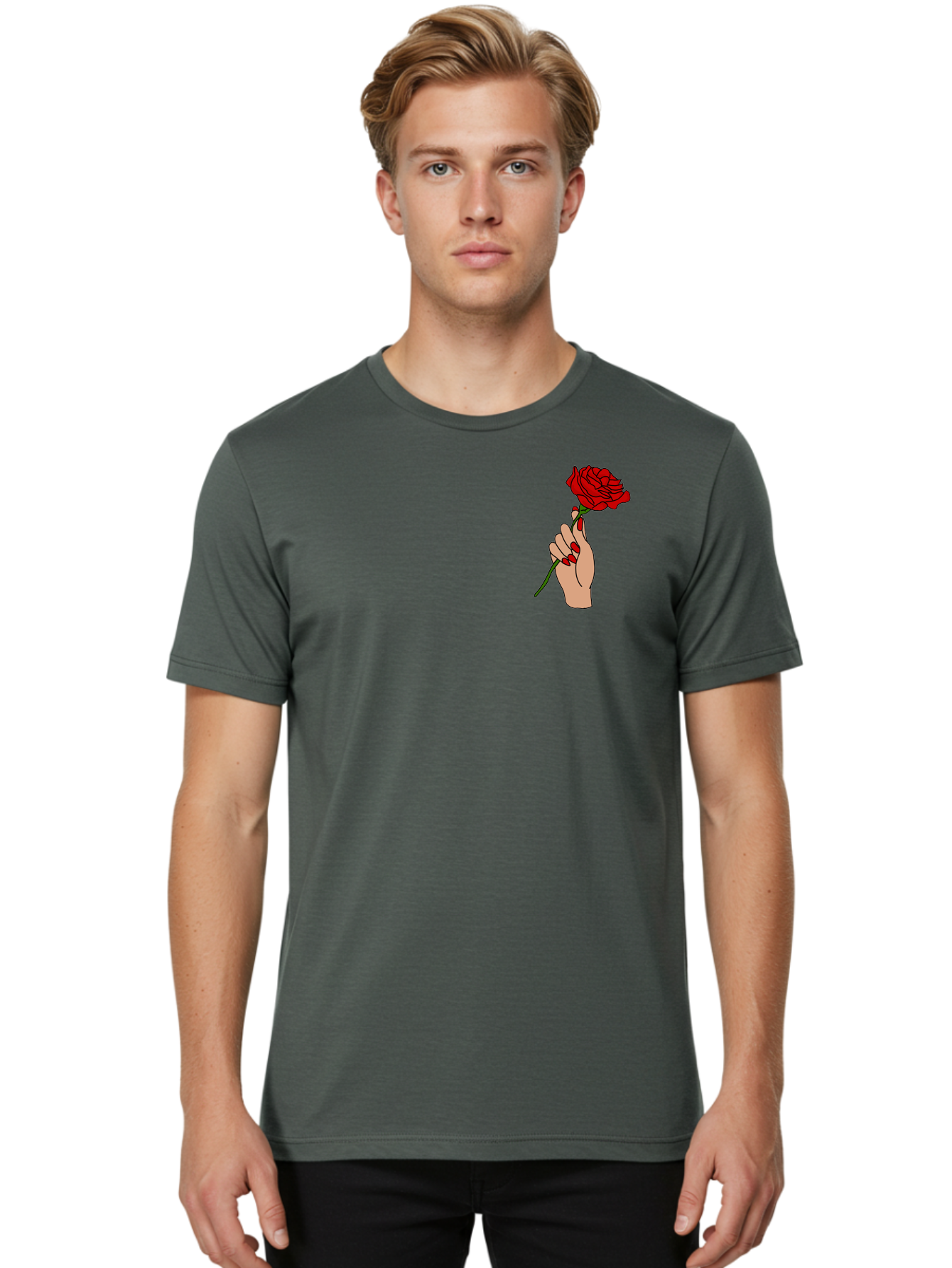 Hand-Holding-Red-Rose Men'S Graphic Tee, 100% Cotton, Comfortable Casual Summer Wear, Machine Washable, Hand Holding Red Rose, Red Rose Illustration, Romantic Gesture, Beautiful Flowers, Lovely Illustration, Cartoon Hand, Red Flowers -  Aaa050
