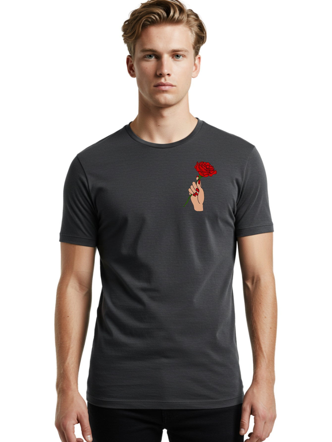 Hand-Holding-Red-Rose Men'S Graphic Tee, 100% Cotton, Comfortable Casual Summer Wear, Machine Washable, Hand Holding Red Rose, Red Rose Illustration, Romantic Gesture, Beautiful Flowers, Lovely Illustration, Cartoon Hand, Red Flowers -  Aaa050