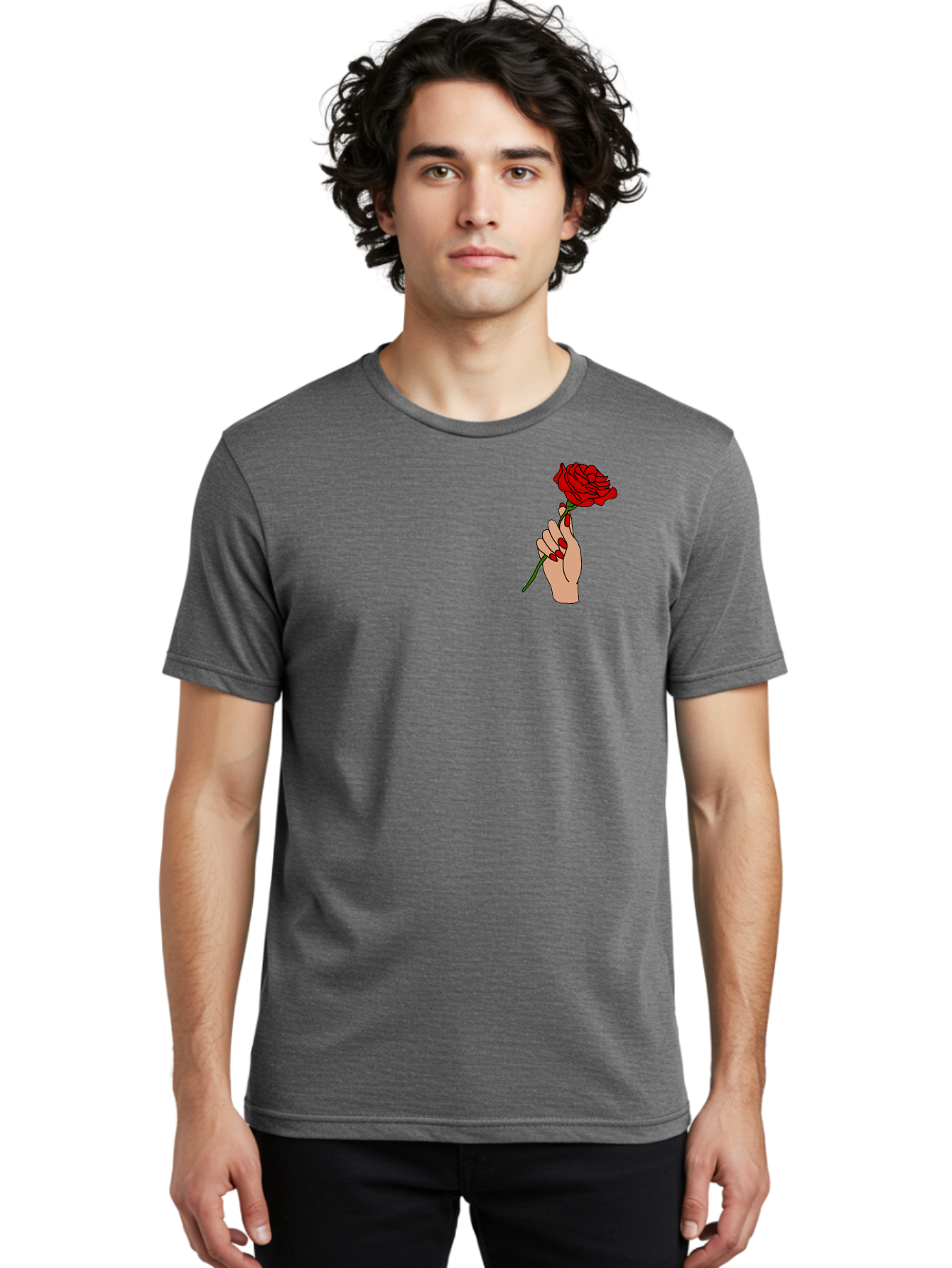Hand-Holding-Red-Rose Men'S Graphic Tee, 100% Cotton, Comfortable Casual Summer Wear, Machine Washable, Hand Holding Red Rose, Red Rose Illustration, Romantic Gesture, Beautiful Flowers, Lovely Illustration, Cartoon Hand, Red Flowers -  Aaa050