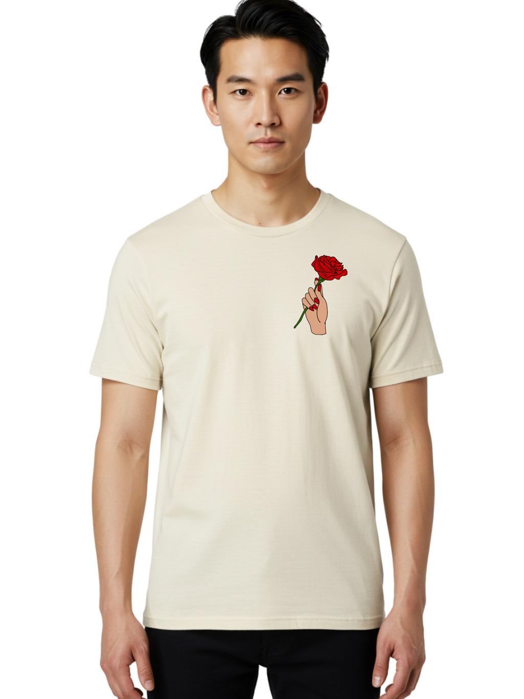 Hand-Holding-Red-Rose Men'S Graphic Tee, 100% Cotton, Comfortable Casual Summer Wear, Machine Washable, Hand Holding Red Rose, Red Rose Illustration, Romantic Gesture, Beautiful Flowers, Lovely Illustration, Cartoon Hand, Red Flowers -  Aaa050