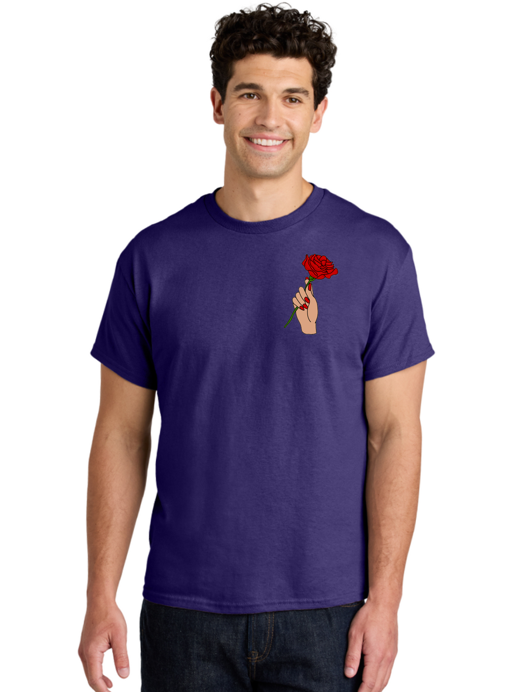 Hand-Holding-Red-Rose Men'S Graphic Tee, 100% Cotton, Comfortable Casual Summer Wear, Machine Washable, Hand Holding Red Rose, Red Rose Illustration, Romantic Gesture, Beautiful Flowers, Lovely Illustration, Cartoon Hand, Red Flowers -  Aaa050