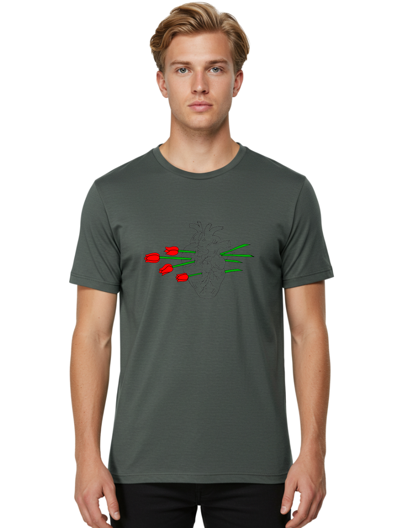 Heart-With-Tulips Men'S Graphic Tee, 100% Cotton, Comfortable Casual Summer Wear, Machine Washable, Human Heart, Anatomical Illustration, Tulips, Red Flowers, Daggers, Piercing, Love, Pain, Beauty, Contrast, Symbolic Art, -  Aaa052