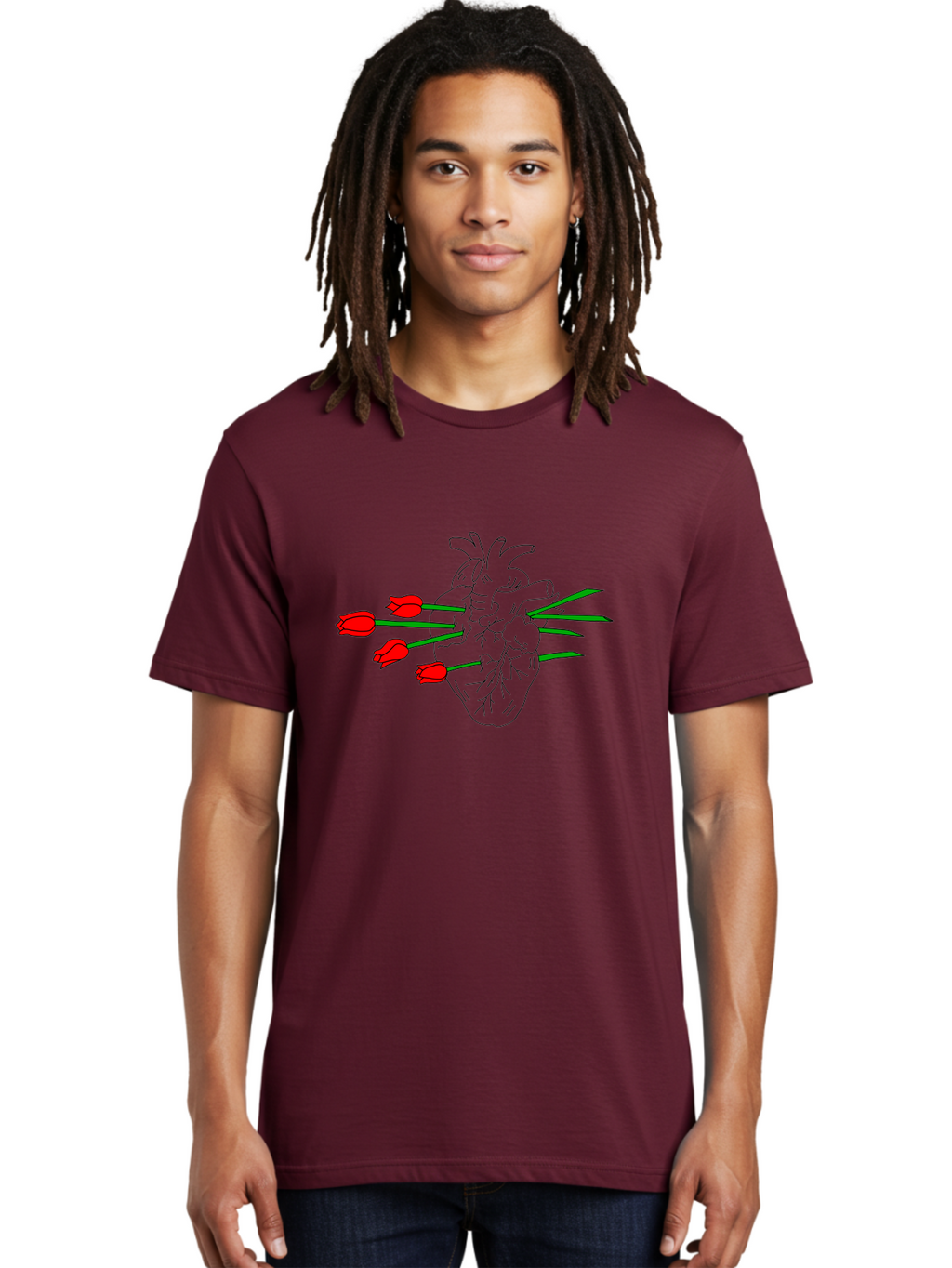 Heart-With-Tulips Men'S Graphic Tee, 100% Cotton, Comfortable Casual Summer Wear, Machine Washable, Human Heart, Anatomical Illustration, Tulips, Red Flowers, Daggers, Piercing, Love, Pain, Beauty, Contrast, Symbolic Art, -  Aaa052