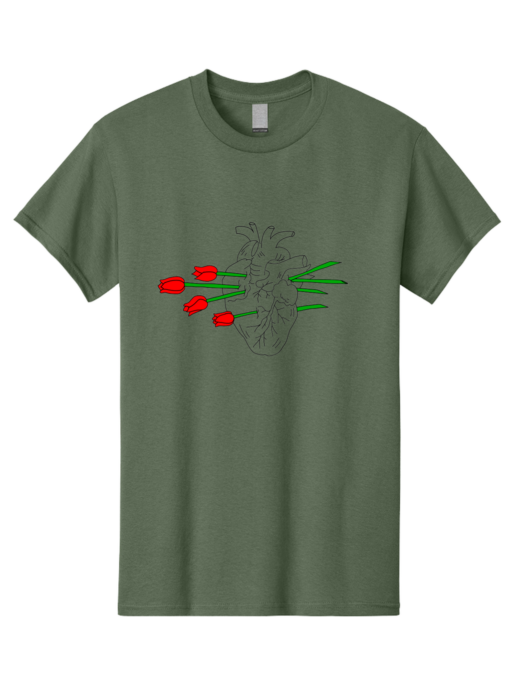 Heart-With-Tulips Men'S Graphic Tee, 100% Cotton, Comfortable Casual Summer Wear, Machine Washable, Human Heart, Anatomical Illustration, Tulips, Red Flowers, Daggers, Piercing, Love, Pain, Beauty, Contrast, Symbolic Art, -  Aaa052