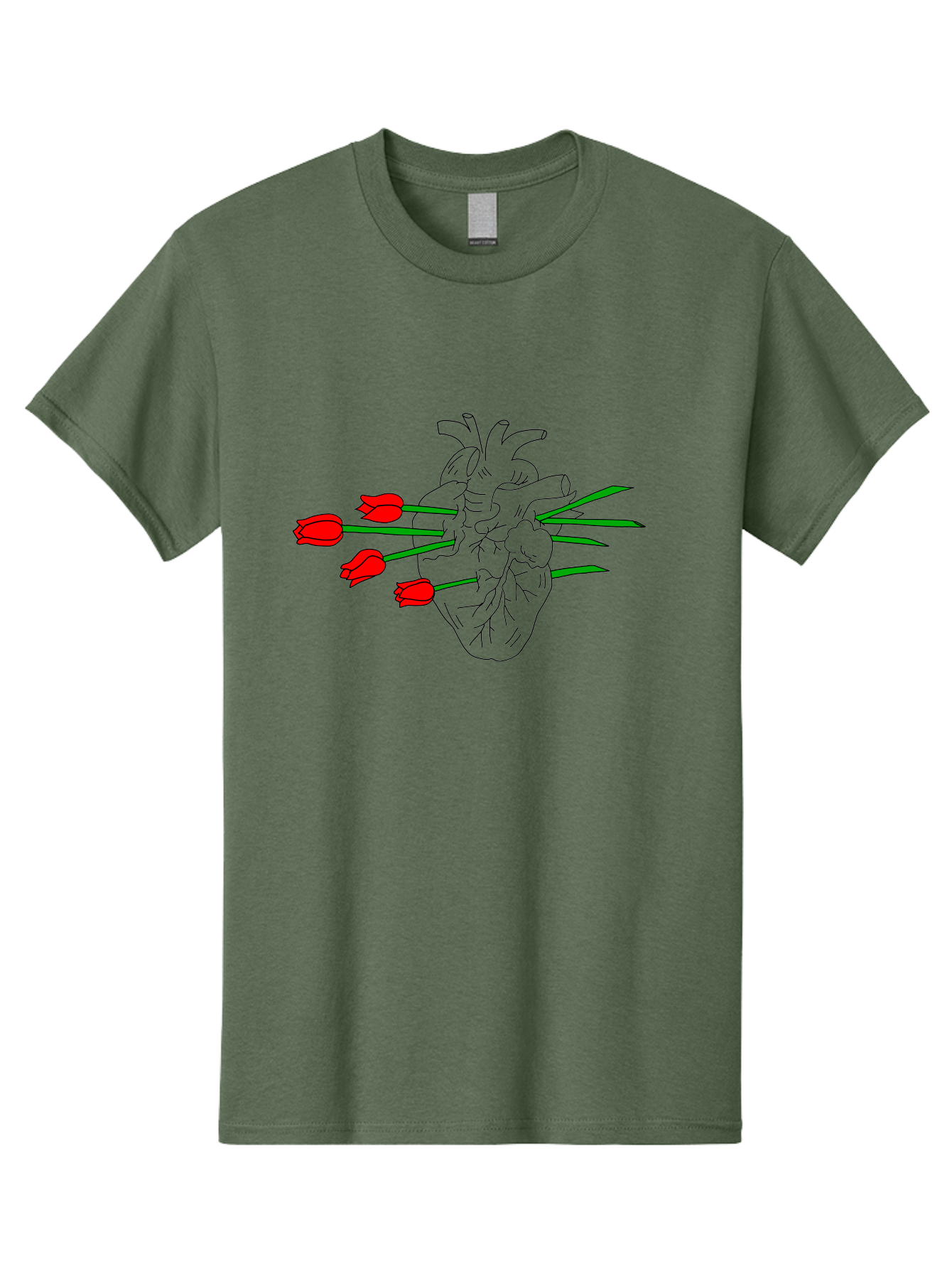 Heart-With-Tulips Men'S Graphic Tee, 100% Cotton, Comfortable Casual Summer Wear, Machine Washable, Human Heart, Anatomical Illustration, Tulips, Red Flowers, Daggers, Piercing, Love, Pain, Beauty, Contrast, Symbolic Art, -  Aaa052
