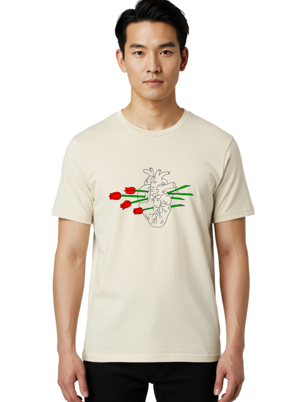 Heart-With-Tulips Men'S Graphic Tee, 100% Cotton, Comfortable Casual Summer Wear, Machine Washable, Human Heart, Anatomical Illustration, Tulips, Red Flowers, Daggers, Piercing, Love, Pain, Beauty, Contrast, Symbolic Art, -  Aaa052