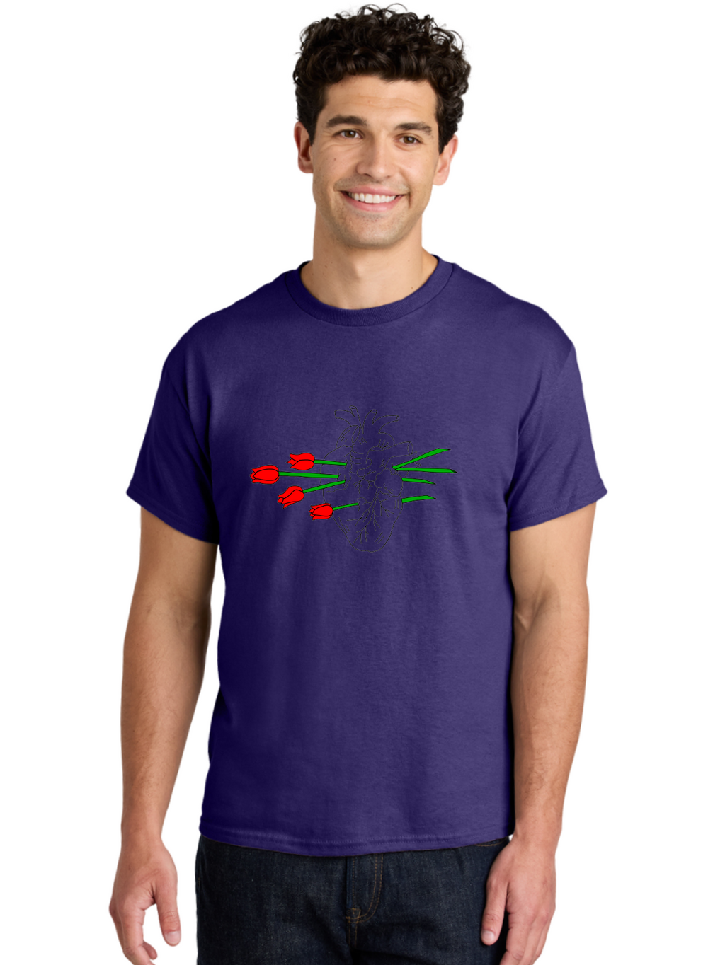 Heart-With-Tulips Men'S Graphic Tee, 100% Cotton, Comfortable Casual Summer Wear, Machine Washable, Human Heart, Anatomical Illustration, Tulips, Red Flowers, Daggers, Piercing, Love, Pain, Beauty, Contrast, Symbolic Art, -  Aaa052