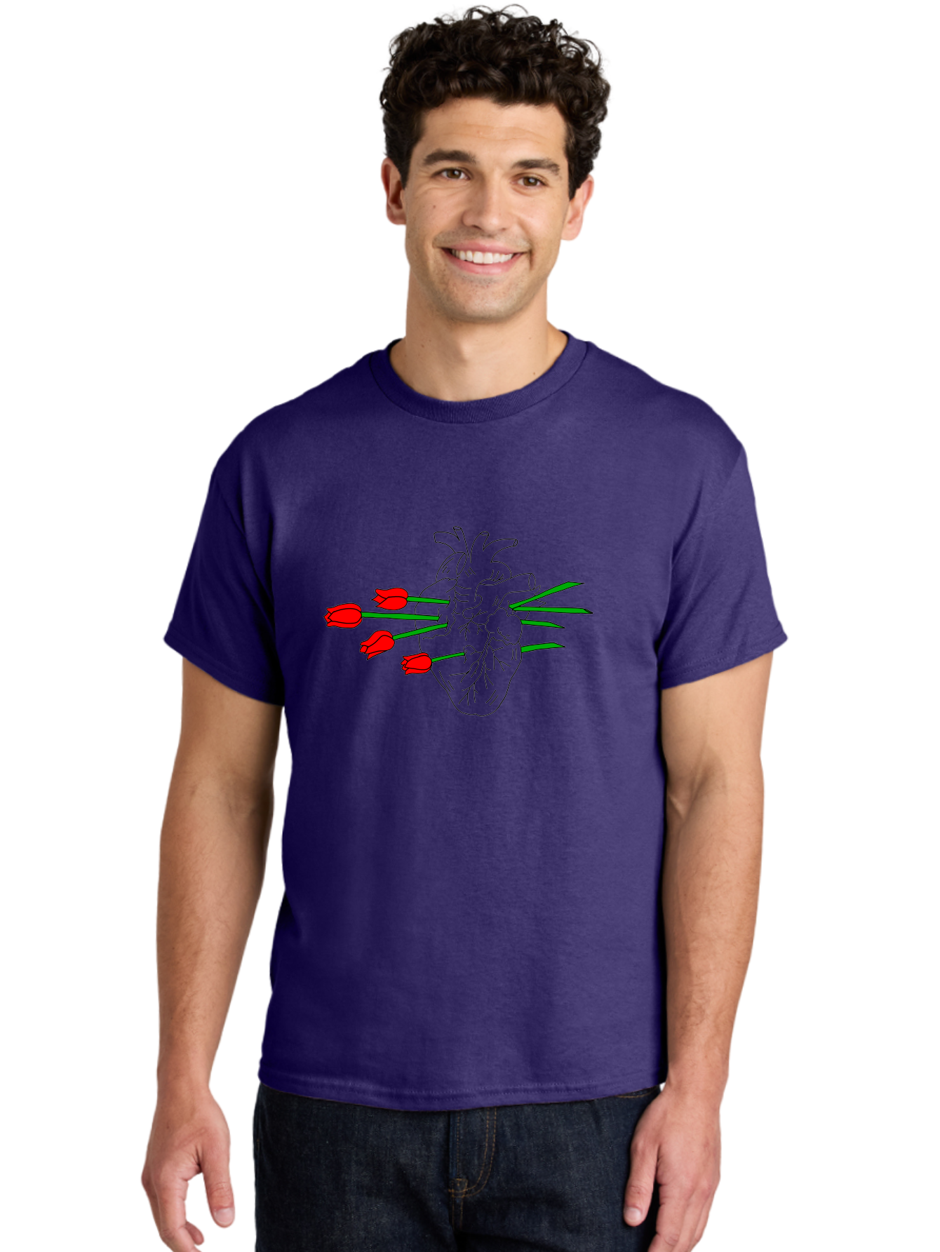 Heart-With-Tulips Men'S Graphic Tee, 100% Cotton, Comfortable Casual Summer Wear, Machine Washable, Human Heart, Anatomical Illustration, Tulips, Red Flowers, Daggers, Piercing, Love, Pain, Beauty, Contrast, Symbolic Art, -  Aaa052