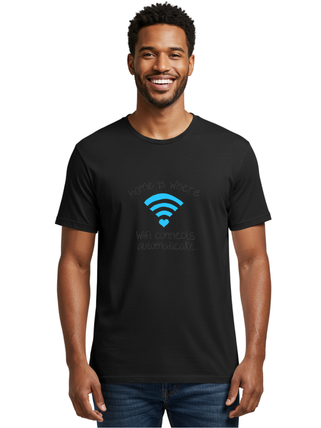 Home-Is-Where-Wifi-Connects-Automatically Men'S Graphic Tee, 100% Cotton, Comfortable Casual Summer Wear, Machine Washable, Wifi Symbol With Heart, Home Sweet Home, Wireless Connection, Digital Life, Humorous Quote, Quirky Design, -  Aaa054