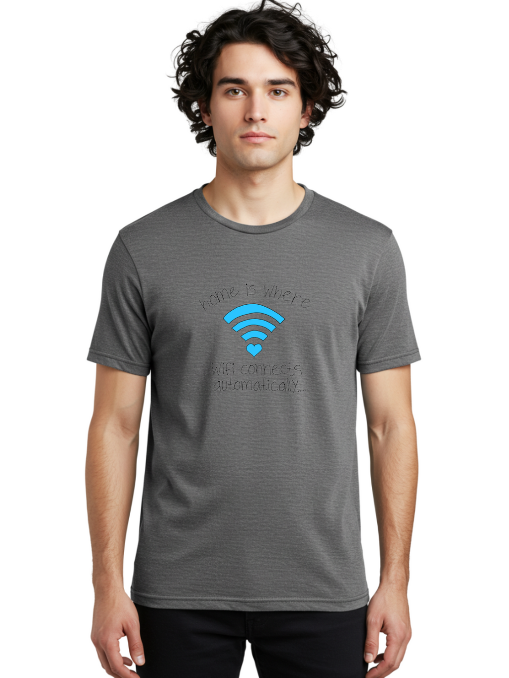 Home-Is-Where-Wifi-Connects-Automatically Men'S Graphic Tee, 100% Cotton, Comfortable Casual Summer Wear, Machine Washable, Wifi Symbol With Heart, Home Sweet Home, Wireless Connection, Digital Life, Humorous Quote, Quirky Design, -  Aaa054