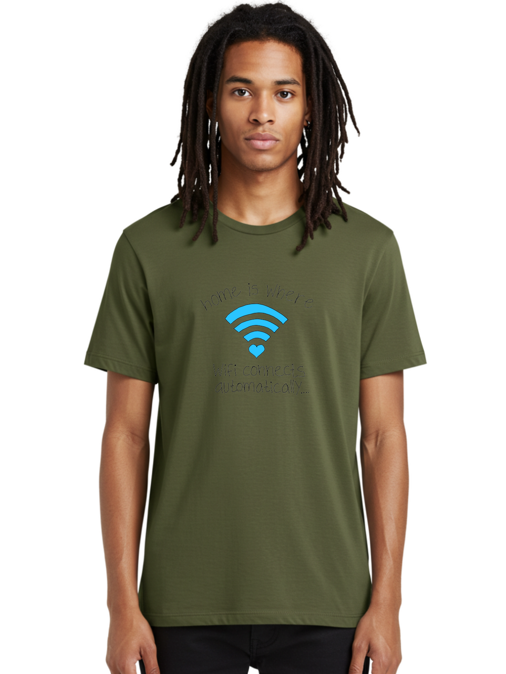 Home-Is-Where-Wifi-Connects-Automatically Men'S Graphic Tee, 100% Cotton, Comfortable Casual Summer Wear, Machine Washable, Wifi Symbol With Heart, Home Sweet Home, Wireless Connection, Digital Life, Humorous Quote, Quirky Design, -  Aaa054