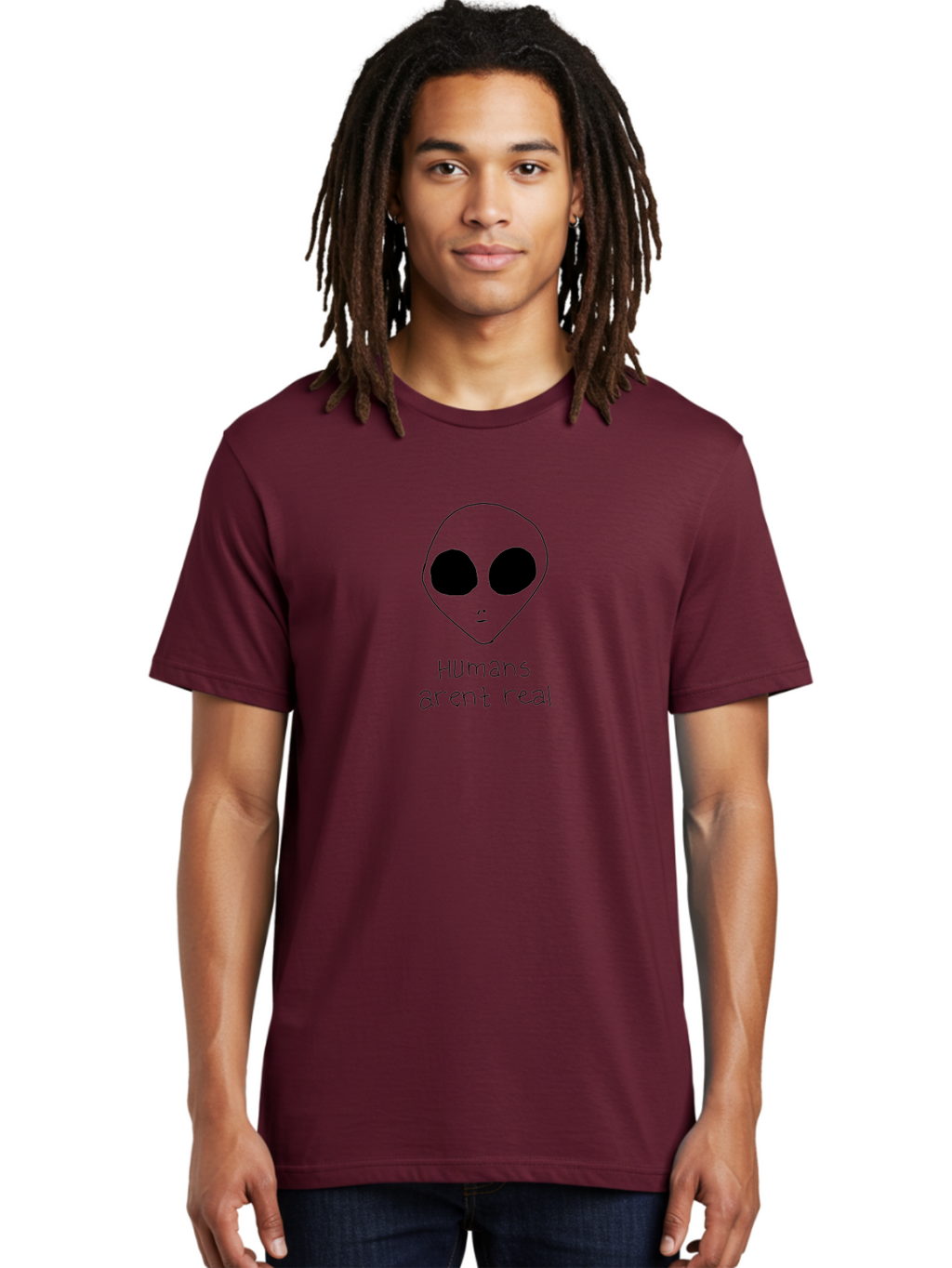 Humans-Aren-T-Real Men'S Graphic Tee, 100% Cotton, Comfortable Casual Summer Wear, Machine Washable, Alien Conspiracy Theory, Cartoon Alien, Humor, Parody, Satirical Art, Extraterrestrial Life, Pop Culture, Doodle Art, Funny Memes, -  Aaa055