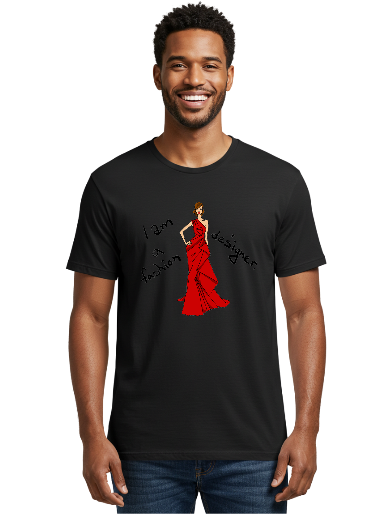 I-Am-A-Fashion-Designer Men'S Graphic Tee, 100% Cotton, Comfortable Casual Summer Wear, Machine Washable, Fashion Designer, Stylish Woman, Red Dress, Elegant Pose, Fashion Statement, Design Inspiration, Fashion Illustration, -  Aaa057