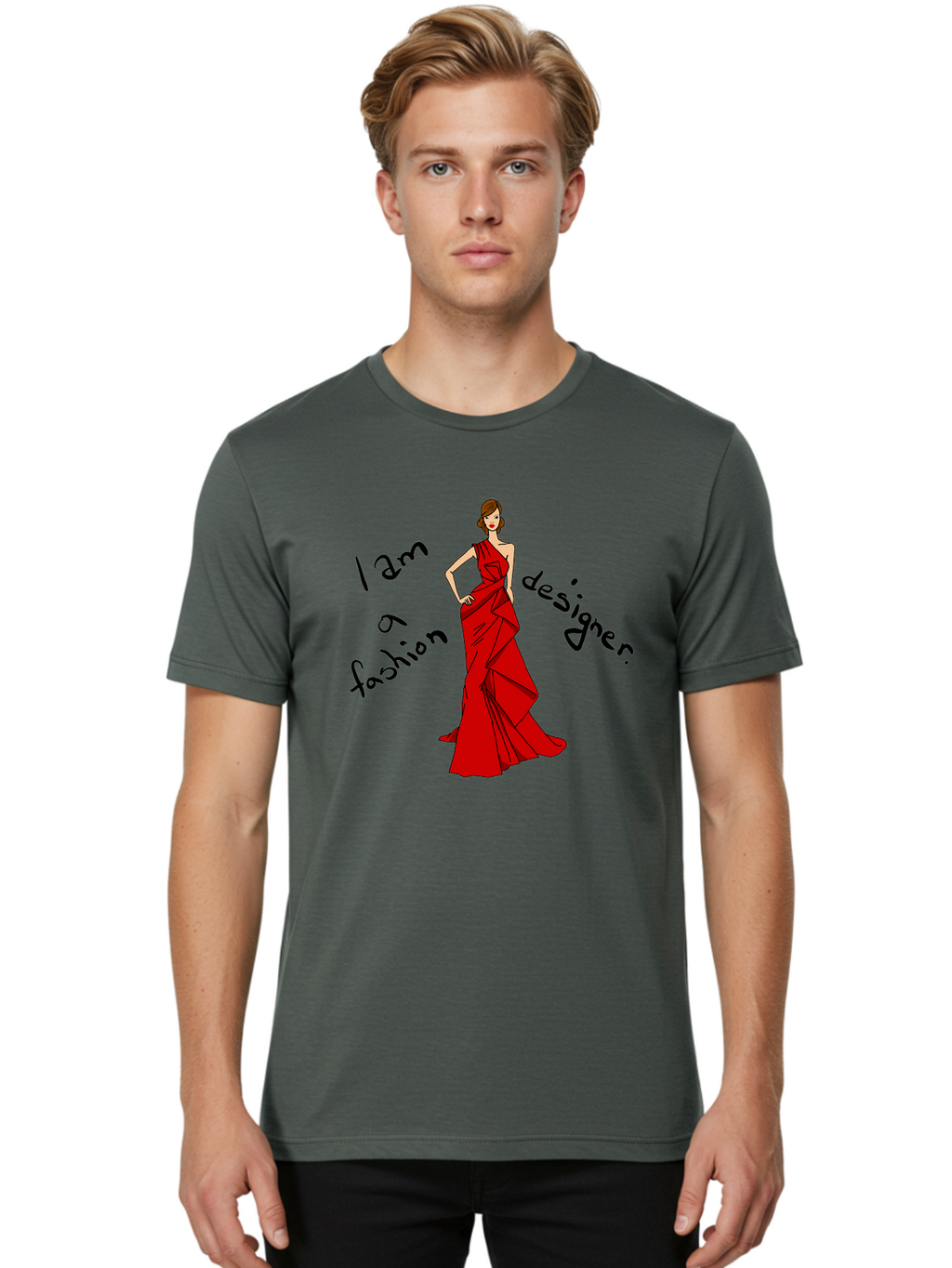I-Am-A-Fashion-Designer Men'S Graphic Tee, 100% Cotton, Comfortable Casual Summer Wear, Machine Washable, Fashion Designer, Stylish Woman, Red Dress, Elegant Pose, Fashion Statement, Design Inspiration, Fashion Illustration, -  Aaa057