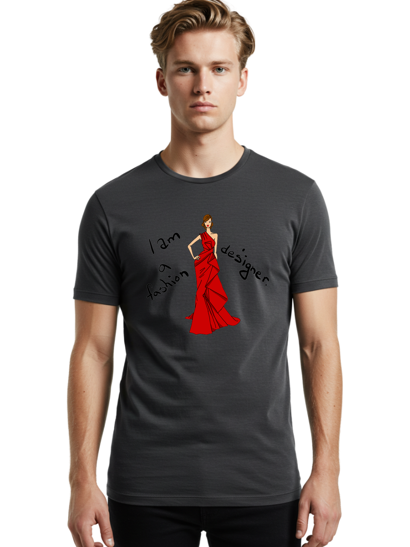 I-Am-A-Fashion-Designer Men'S Graphic Tee, 100% Cotton, Comfortable Casual Summer Wear, Machine Washable, Fashion Designer, Stylish Woman, Red Dress, Elegant Pose, Fashion Statement, Design Inspiration, Fashion Illustration, -  Aaa057