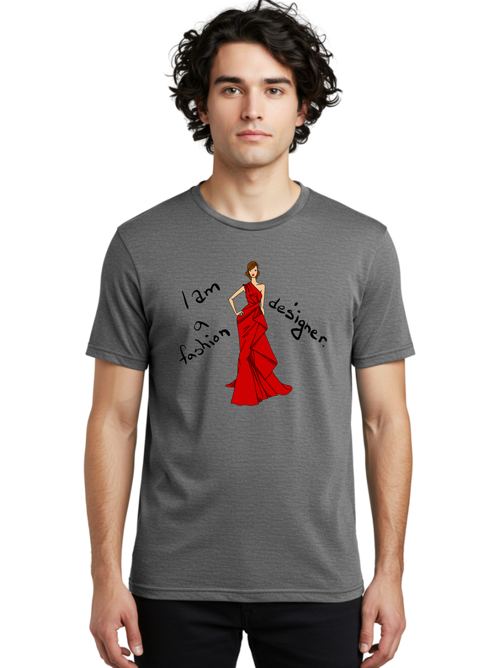 I-Am-A-Fashion-Designer Men'S Graphic Tee, 100% Cotton, Comfortable Casual Summer Wear, Machine Washable, Fashion Designer, Stylish Woman, Red Dress, Elegant Pose, Fashion Statement, Design Inspiration, Fashion Illustration, -  Aaa057