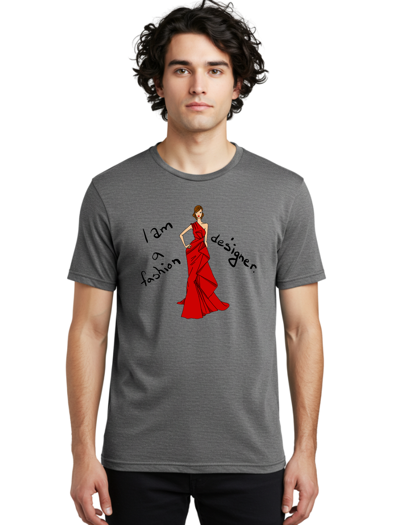 I-Am-A-Fashion-Designer Men'S Graphic Tee, 100% Cotton, Comfortable Casual Summer Wear, Machine Washable, Fashion Designer, Stylish Woman, Red Dress, Elegant Pose, Fashion Statement, Design Inspiration, Fashion Illustration, -  Aaa057