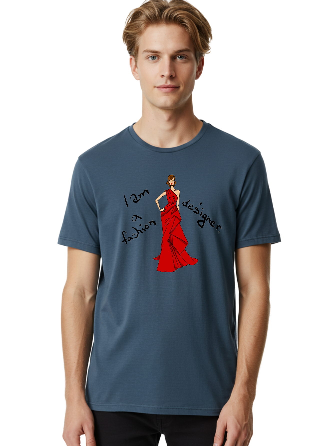 I-Am-A-Fashion-Designer Men'S Graphic Tee, 100% Cotton, Comfortable Casual Summer Wear, Machine Washable, Fashion Designer, Stylish Woman, Red Dress, Elegant Pose, Fashion Statement, Design Inspiration, Fashion Illustration, -  Aaa057