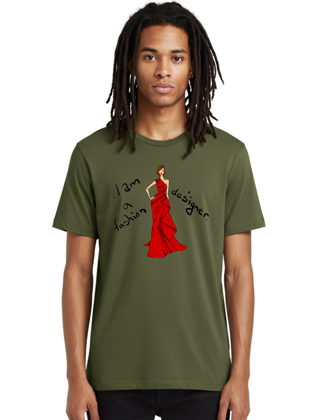 I-Am-A-Fashion-Designer Men'S Graphic Tee, 100% Cotton, Comfortable Casual Summer Wear, Machine Washable, Fashion Designer, Stylish Woman, Red Dress, Elegant Pose, Fashion Statement, Design Inspiration, Fashion Illustration, -  Aaa057