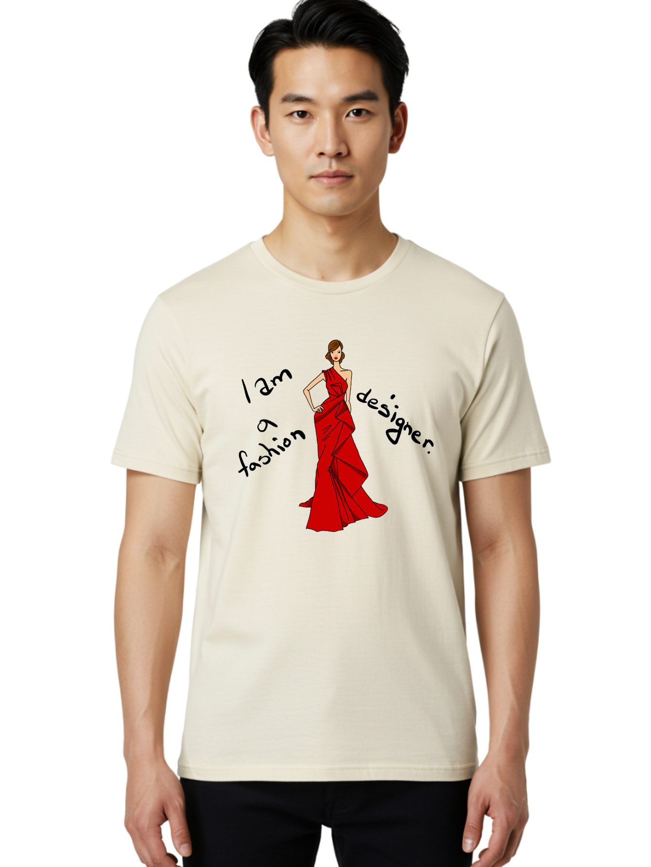 I-Am-A-Fashion-Designer Men'S Graphic Tee, 100% Cotton, Comfortable Casual Summer Wear, Machine Washable, Fashion Designer, Stylish Woman, Red Dress, Elegant Pose, Fashion Statement, Design Inspiration, Fashion Illustration, -  Aaa057