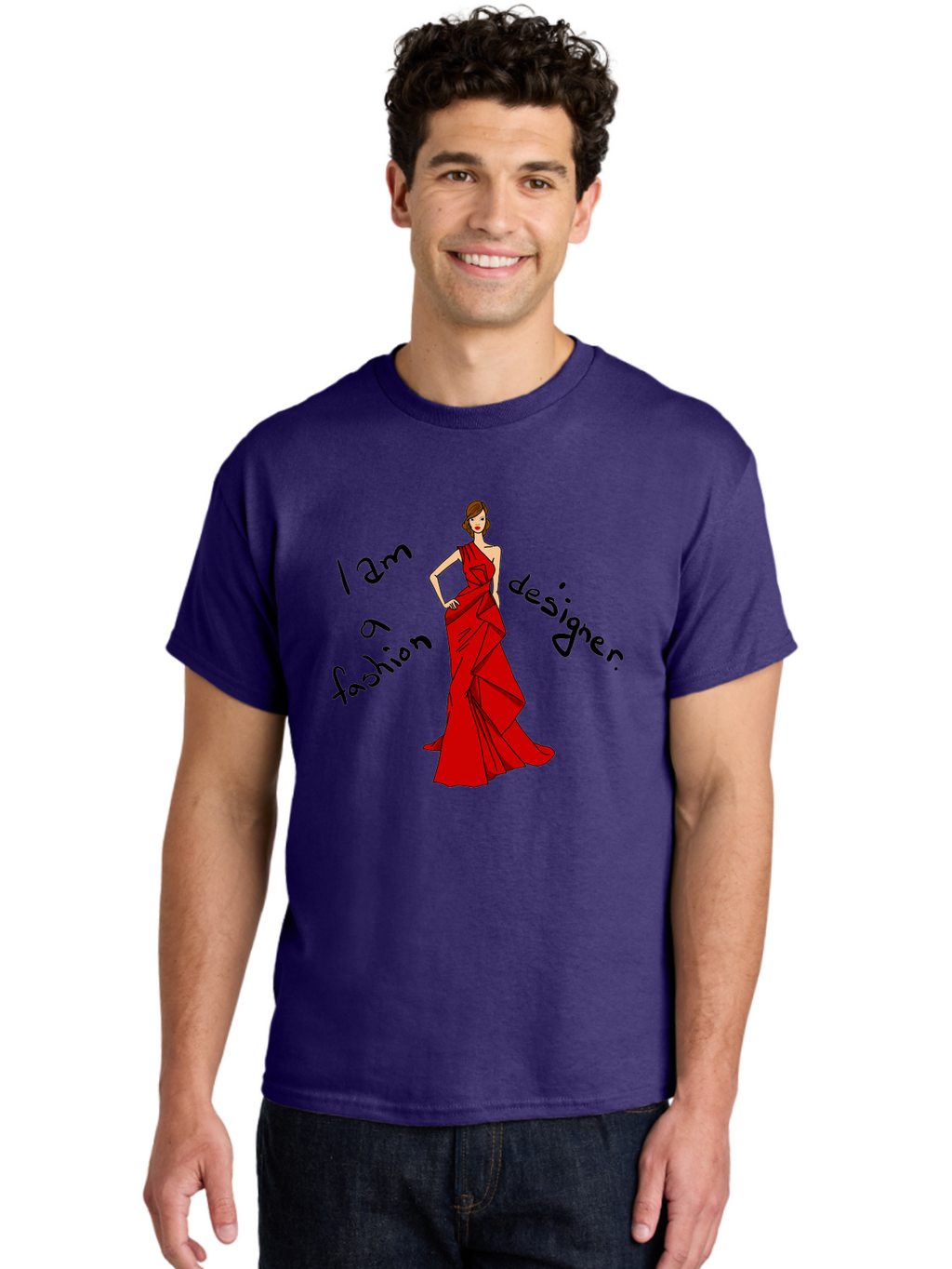 I-Am-A-Fashion-Designer Men'S Graphic Tee, 100% Cotton, Comfortable Casual Summer Wear, Machine Washable, Fashion Designer, Stylish Woman, Red Dress, Elegant Pose, Fashion Statement, Design Inspiration, Fashion Illustration, -  Aaa057