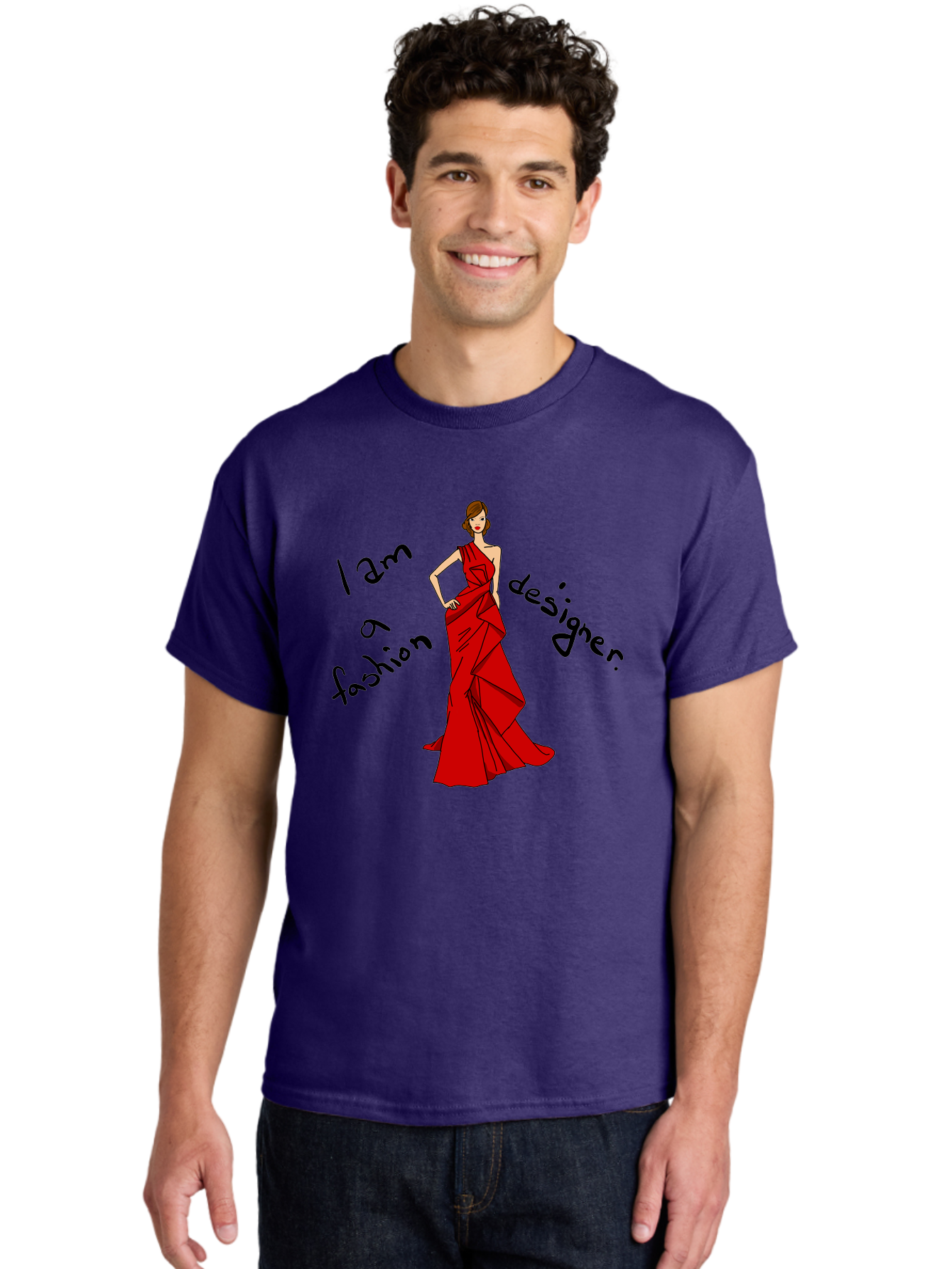 I-Am-A-Fashion-Designer Men'S Graphic Tee, 100% Cotton, Comfortable Casual Summer Wear, Machine Washable, Fashion Designer, Stylish Woman, Red Dress, Elegant Pose, Fashion Statement, Design Inspiration, Fashion Illustration, -  Aaa057