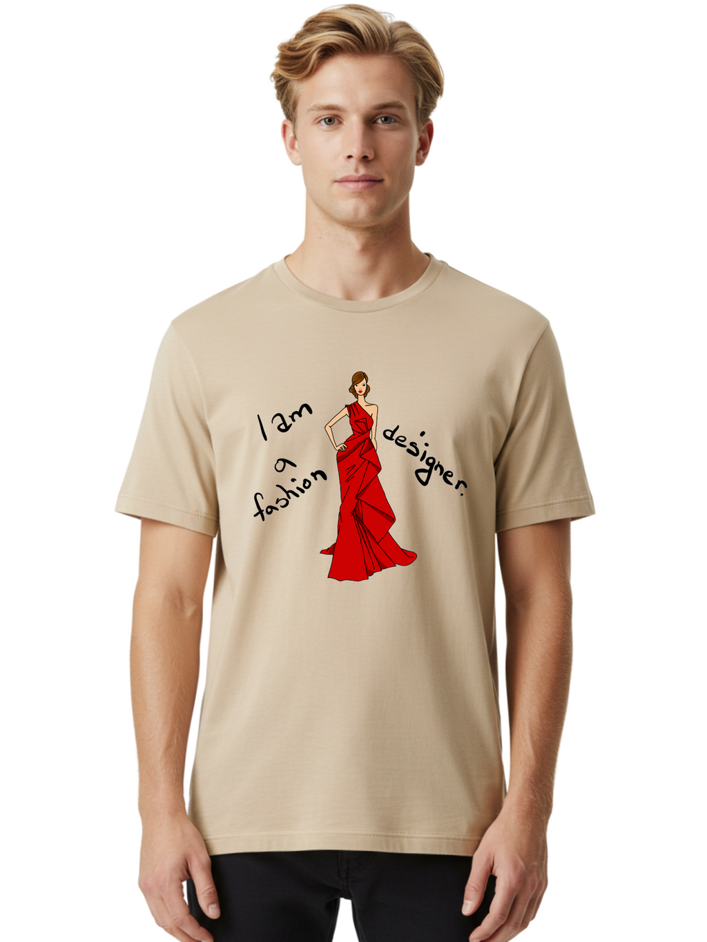 I-Am-A-Fashion-Designer Men'S Graphic Tee, 100% Cotton, Comfortable Casual Summer Wear, Machine Washable, Fashion Designer, Stylish Woman, Red Dress, Elegant Pose, Fashion Statement, Design Inspiration, Fashion Illustration, -  Aaa057