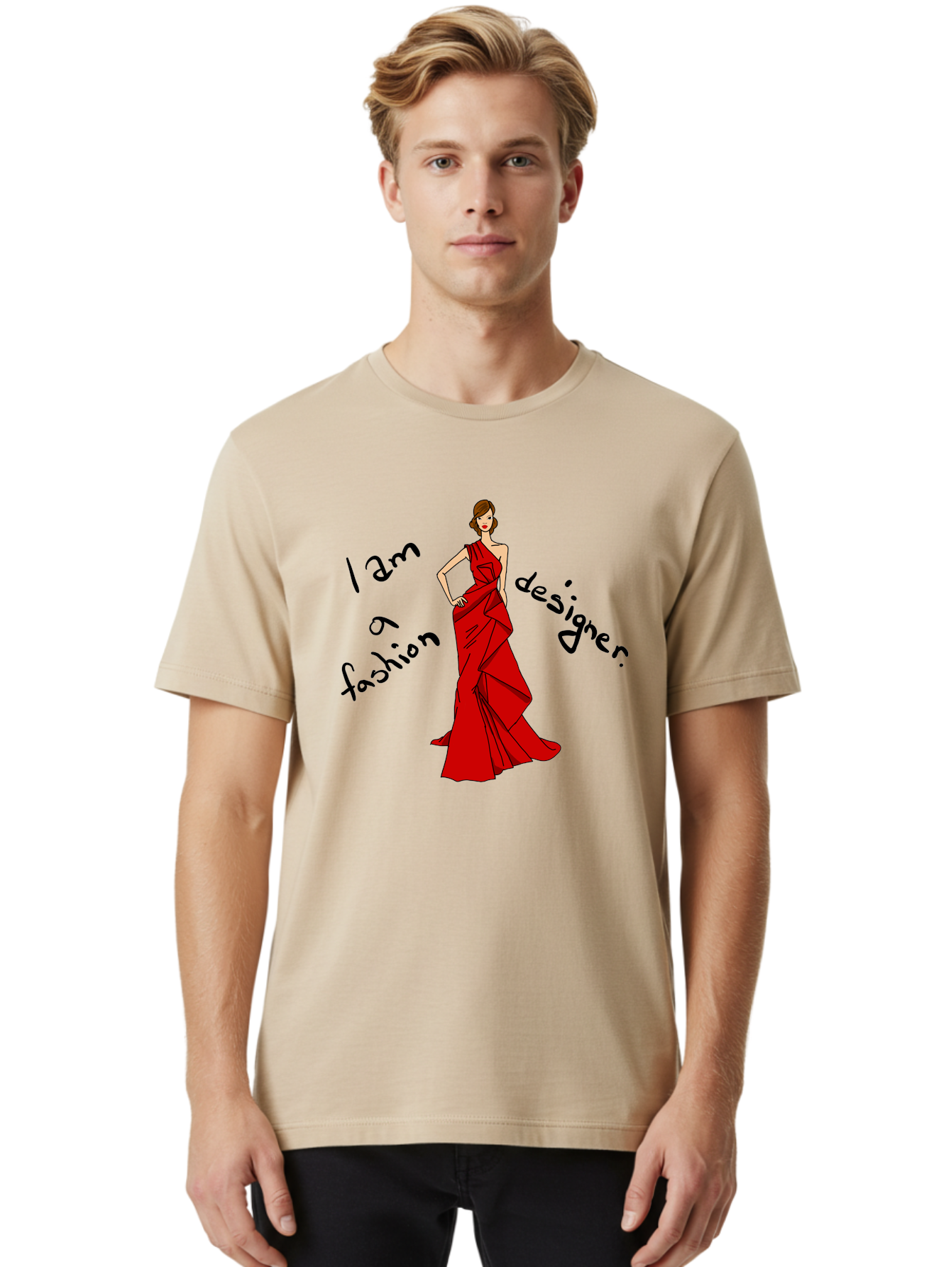 I-Am-A-Fashion-Designer Men'S Graphic Tee, 100% Cotton, Comfortable Casual Summer Wear, Machine Washable, Fashion Designer, Stylish Woman, Red Dress, Elegant Pose, Fashion Statement, Design Inspiration, Fashion Illustration, -  Aaa057