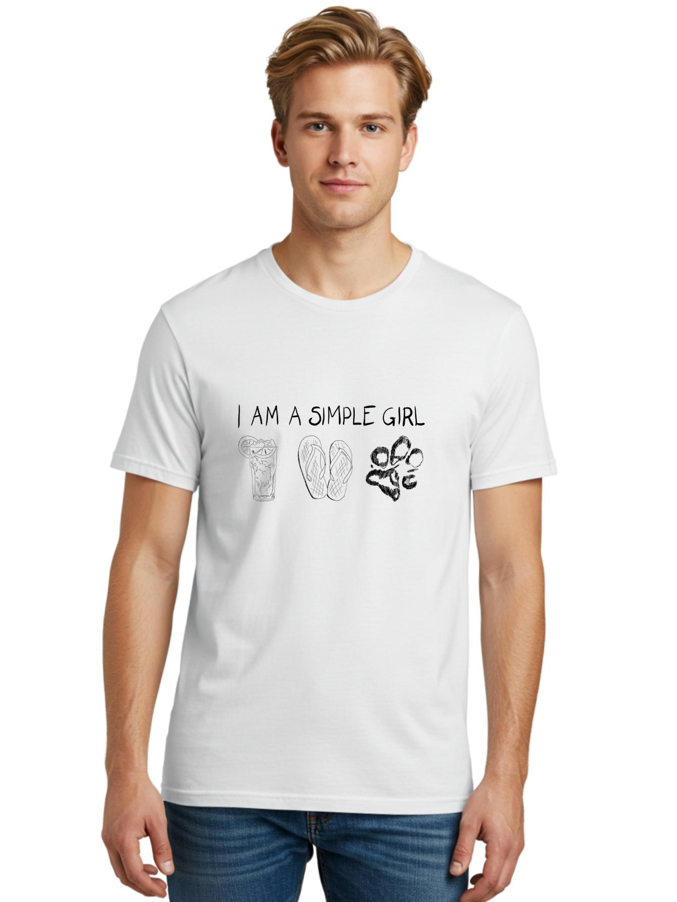 I-Am-A-Simple-Girl Men'S Graphic Tee, 100% Cotton, Comfortable Casual Summer Wear, Machine Washable, Simple Girl Quote, Cute Illustrations, Cocktail Drink, Flip Flops, Dog Paw, Casual Lifestyle, Relaxed Vibe, Fun Design -  Aaa058