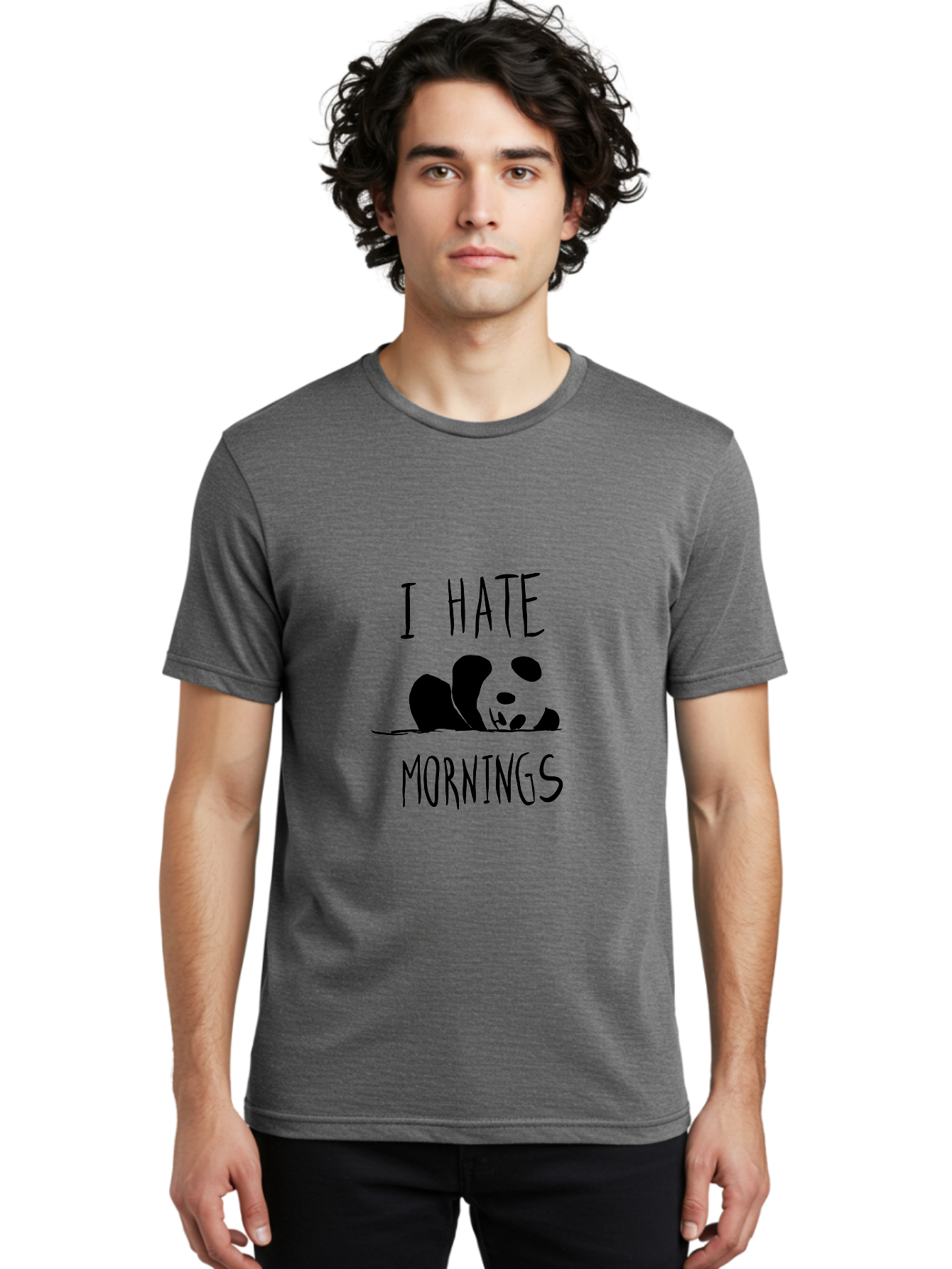 I-Hate-Mornings Men'S Graphic Tee, 100% Cotton, Comfortable Casual Summer Wear, Machine Washable, Funny Quote, Morning Humor, Cartoon Panda, Grumpy Mood, Humorous Design, Inspirational Quote, Motivational Phrase, Cute Illustration -  Aaa062