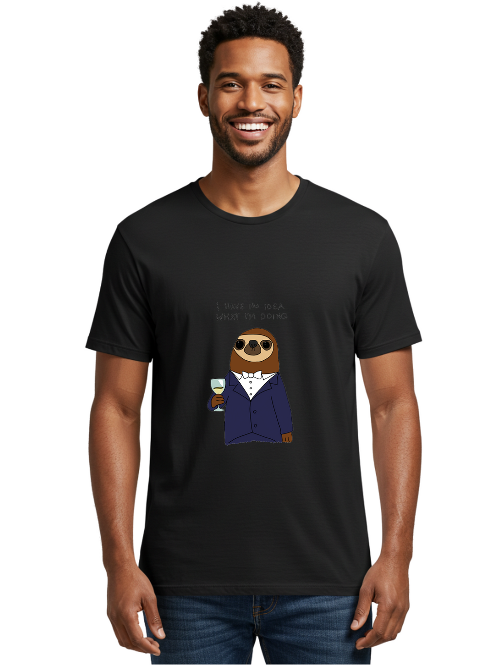 I-Have-No-Idea-What-I-M-Doing Men'S Graphic Tee, 100% Cotton, Comfortable Casual Summer Wear, Machine Washable, Sloth In Tuxedo, Holding Wine Glass, Humor, Funny Animal, Cartoon Character, Adult Beverage, Humorous Quote, Relatable Meme, -  Aaa063