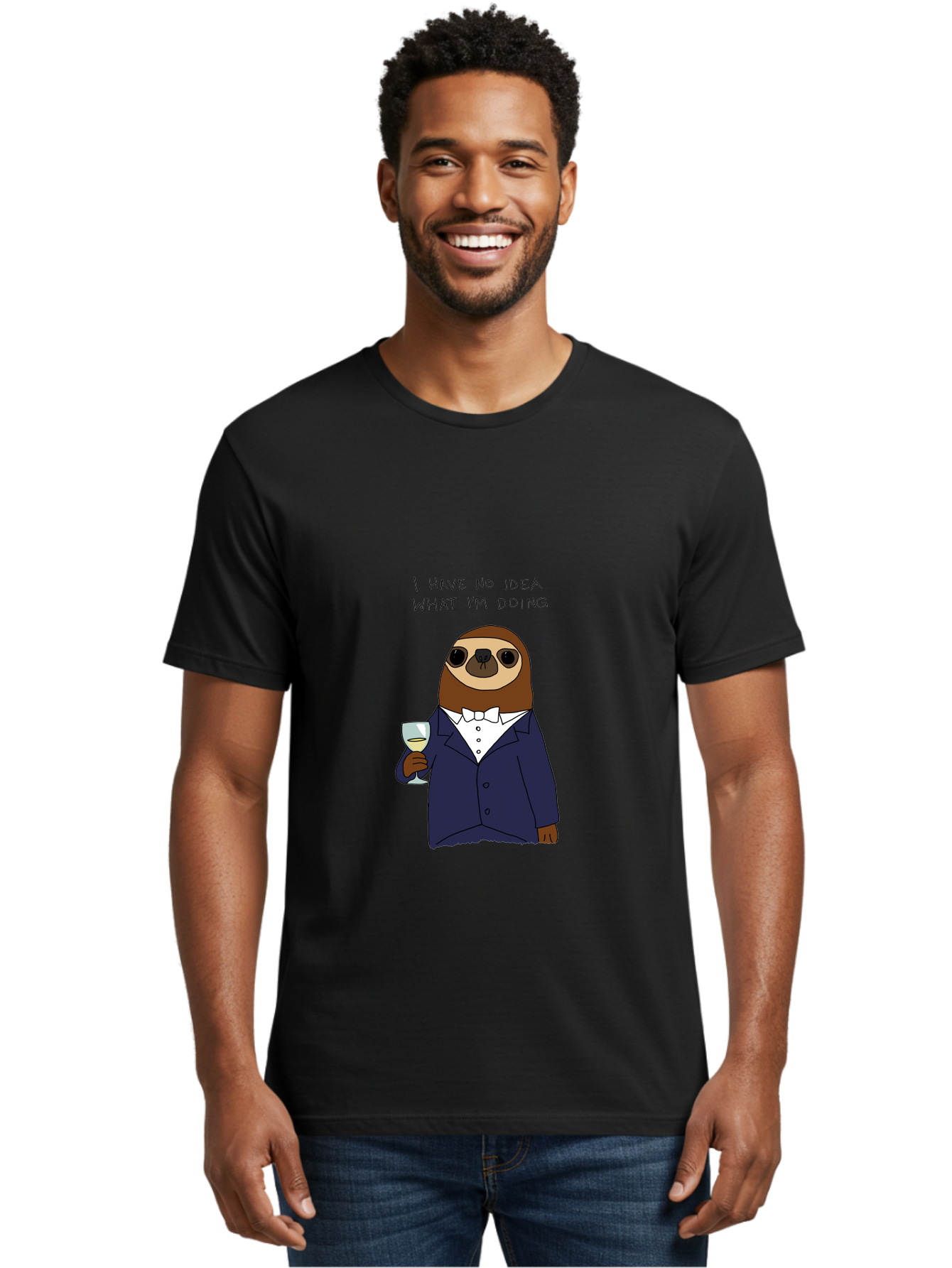 I-Have-No-Idea-What-I-M-Doing Men'S Graphic Tee, 100% Cotton, Comfortable Casual Summer Wear, Machine Washable, Sloth In Tuxedo, Holding Wine Glass, Humor, Funny Animal, Cartoon Character, Adult Beverage, Humorous Quote, Relatable Meme, -  Aaa063