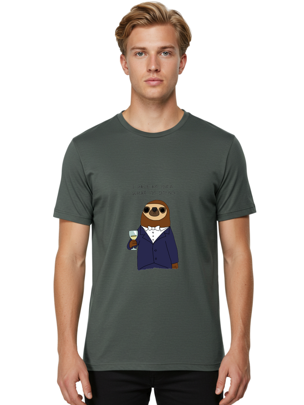 I-Have-No-Idea-What-I-M-Doing Men'S Graphic Tee, 100% Cotton, Comfortable Casual Summer Wear, Machine Washable, Sloth In Tuxedo, Holding Wine Glass, Humor, Funny Animal, Cartoon Character, Adult Beverage, Humorous Quote, Relatable Meme, -  Aaa063