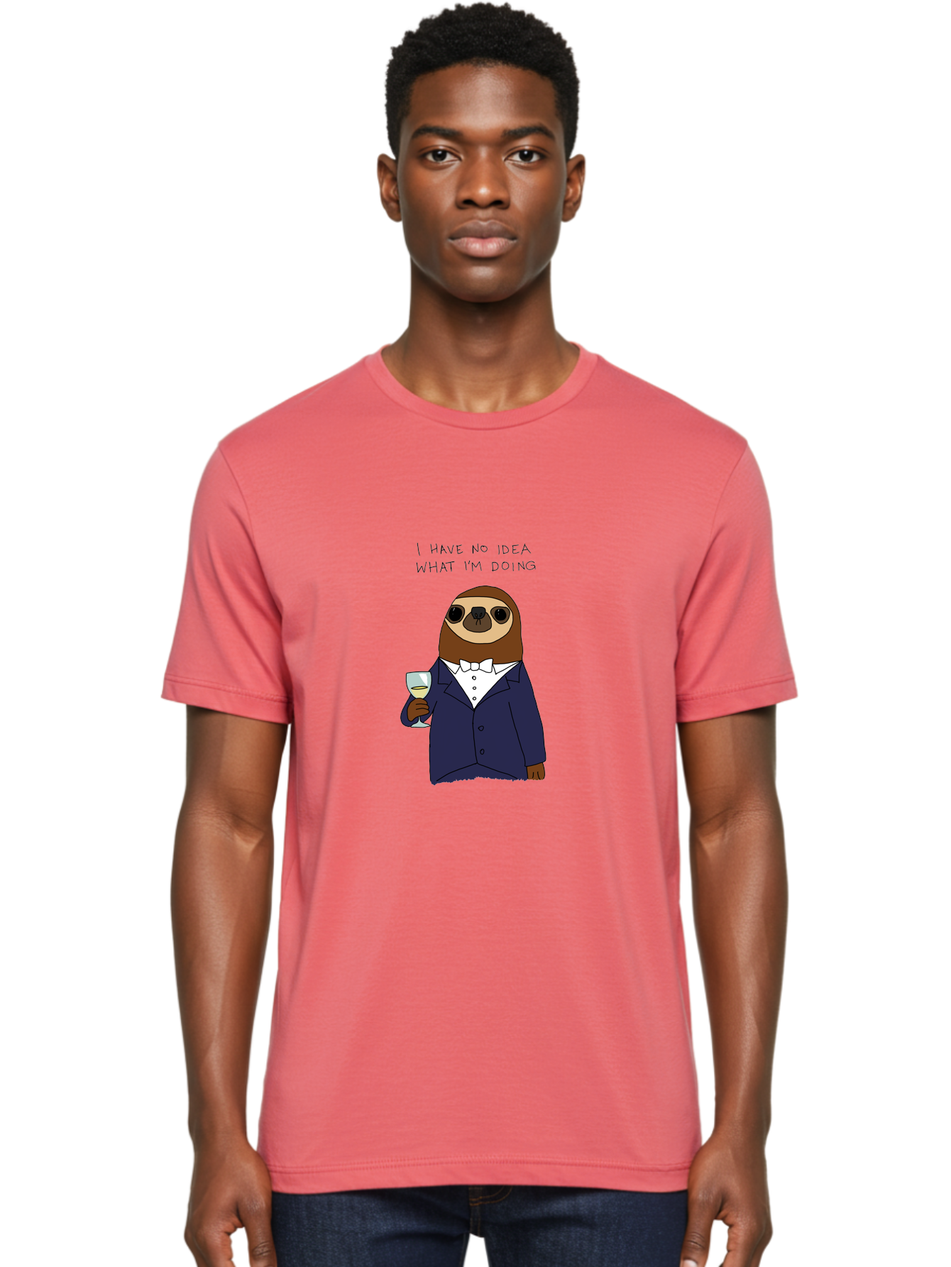 I-Have-No-Idea-What-I-M-Doing Men'S Graphic Tee, 100% Cotton, Comfortable Casual Summer Wear, Machine Washable, Sloth In Tuxedo, Holding Wine Glass, Humor, Funny Animal, Cartoon Character, Adult Beverage, Humorous Quote, Relatable Meme, -  Aaa063