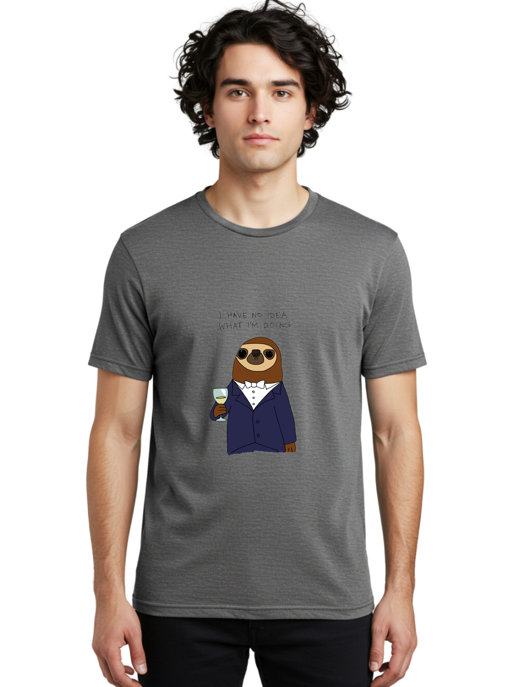 I-Have-No-Idea-What-I-M-Doing Men'S Graphic Tee, 100% Cotton, Comfortable Casual Summer Wear, Machine Washable, Sloth In Tuxedo, Holding Wine Glass, Humor, Funny Animal, Cartoon Character, Adult Beverage, Humorous Quote, Relatable Meme, -  Aaa063