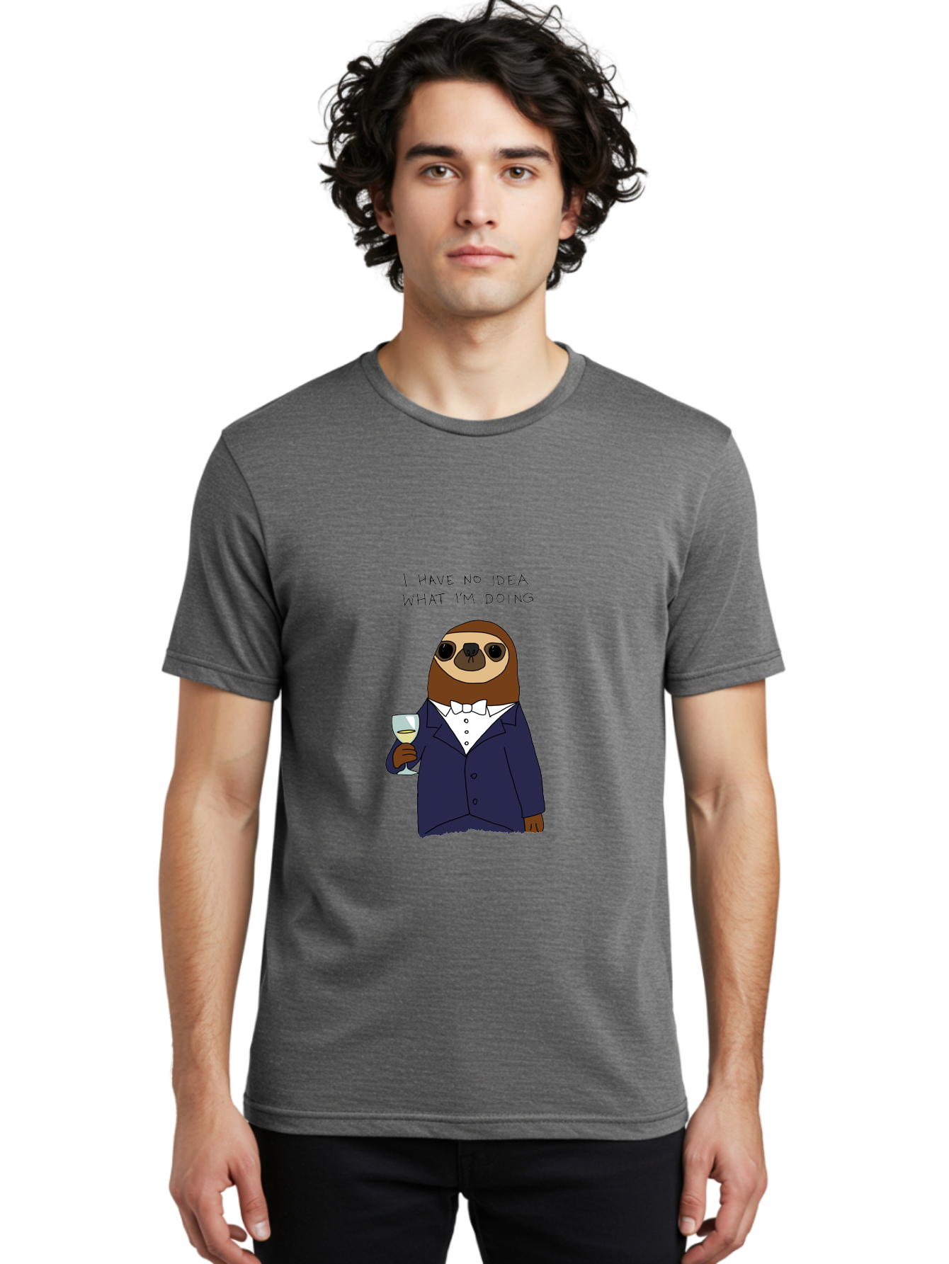 I-Have-No-Idea-What-I-M-Doing Men'S Graphic Tee, 100% Cotton, Comfortable Casual Summer Wear, Machine Washable, Sloth In Tuxedo, Holding Wine Glass, Humor, Funny Animal, Cartoon Character, Adult Beverage, Humorous Quote, Relatable Meme, -  Aaa063