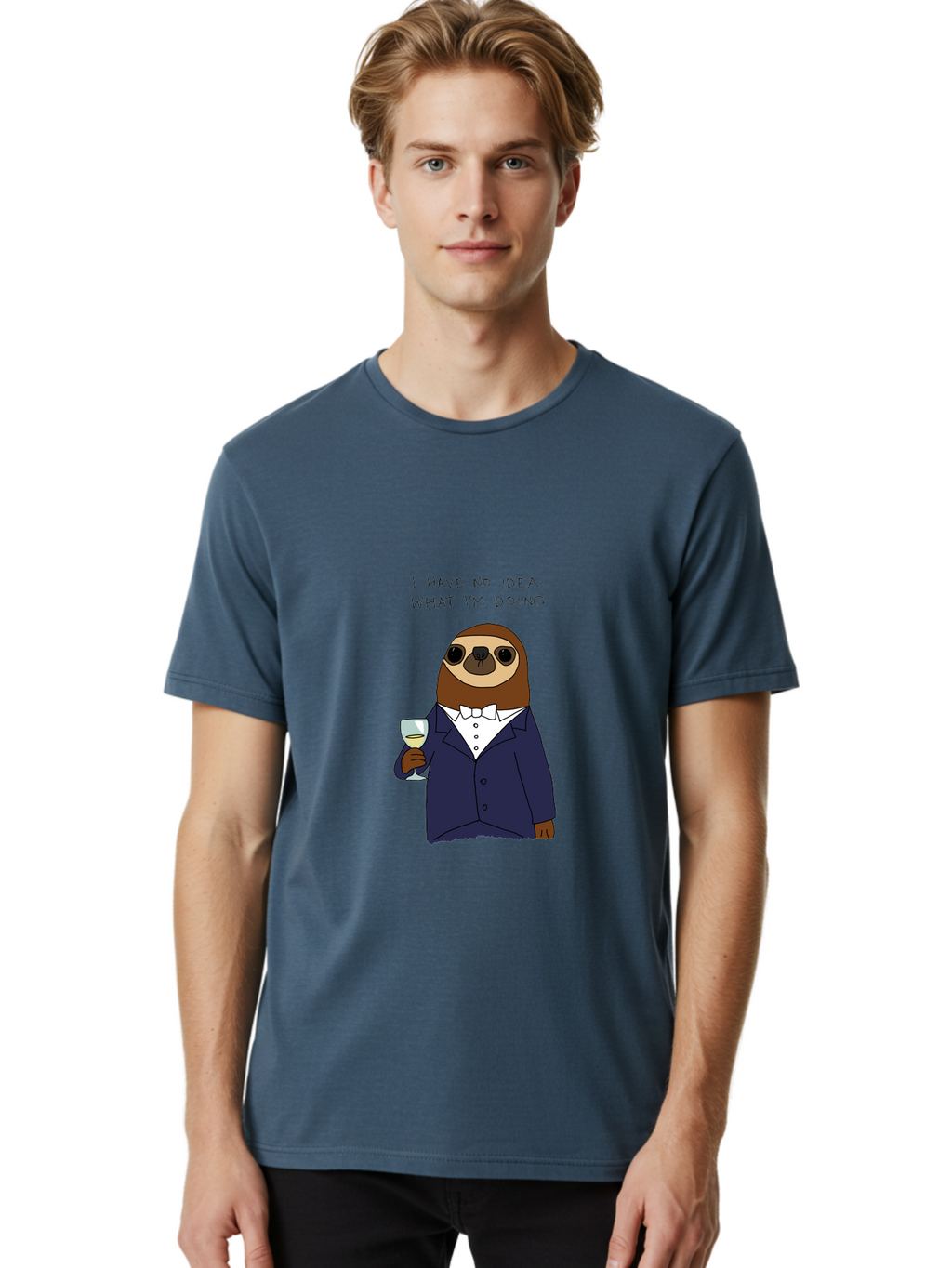 I-Have-No-Idea-What-I-M-Doing Men'S Graphic Tee, 100% Cotton, Comfortable Casual Summer Wear, Machine Washable, Sloth In Tuxedo, Holding Wine Glass, Humor, Funny Animal, Cartoon Character, Adult Beverage, Humorous Quote, Relatable Meme, -  Aaa063