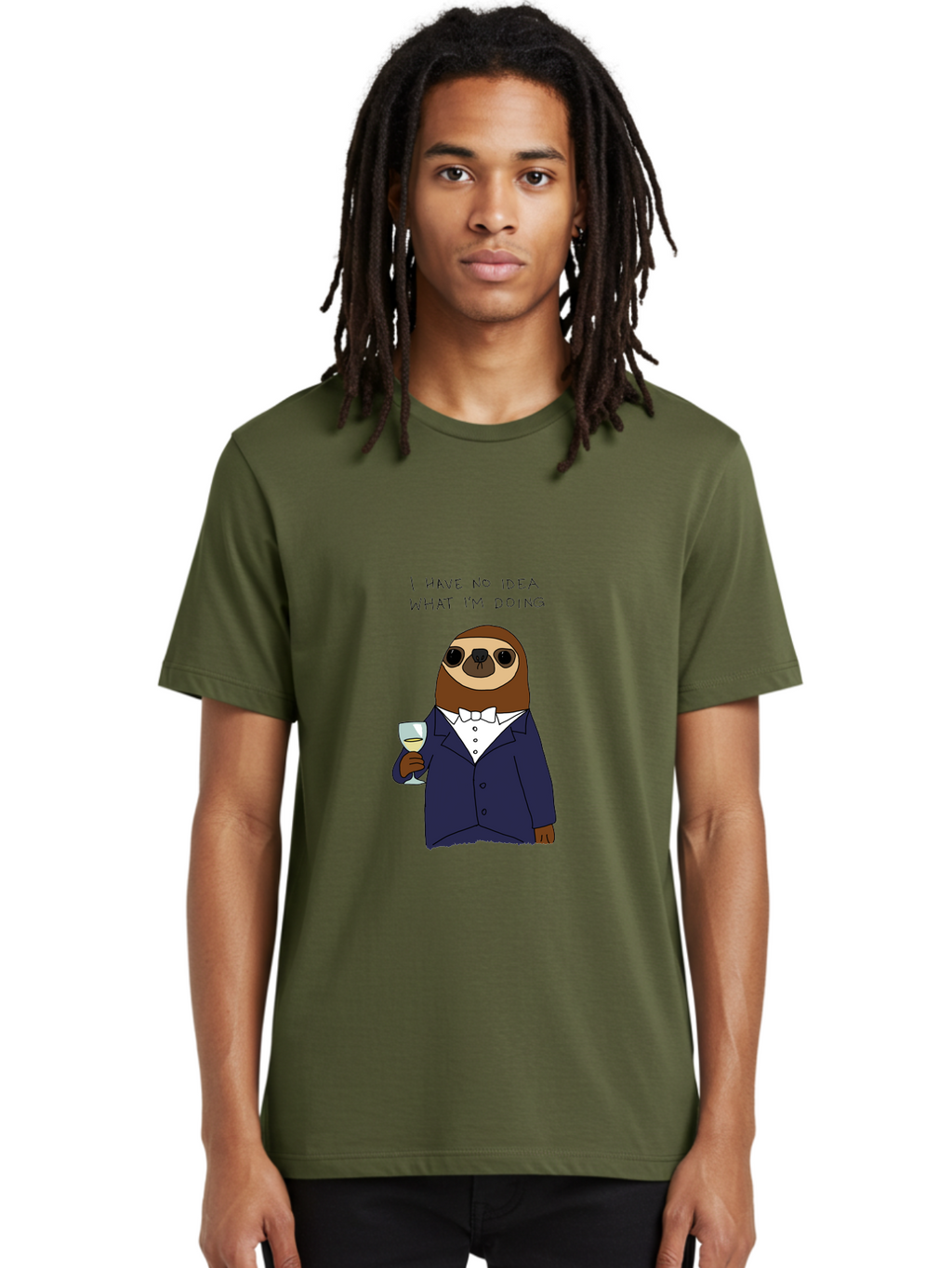 I-Have-No-Idea-What-I-M-Doing Men'S Graphic Tee, 100% Cotton, Comfortable Casual Summer Wear, Machine Washable, Sloth In Tuxedo, Holding Wine Glass, Humor, Funny Animal, Cartoon Character, Adult Beverage, Humorous Quote, Relatable Meme, -  Aaa063