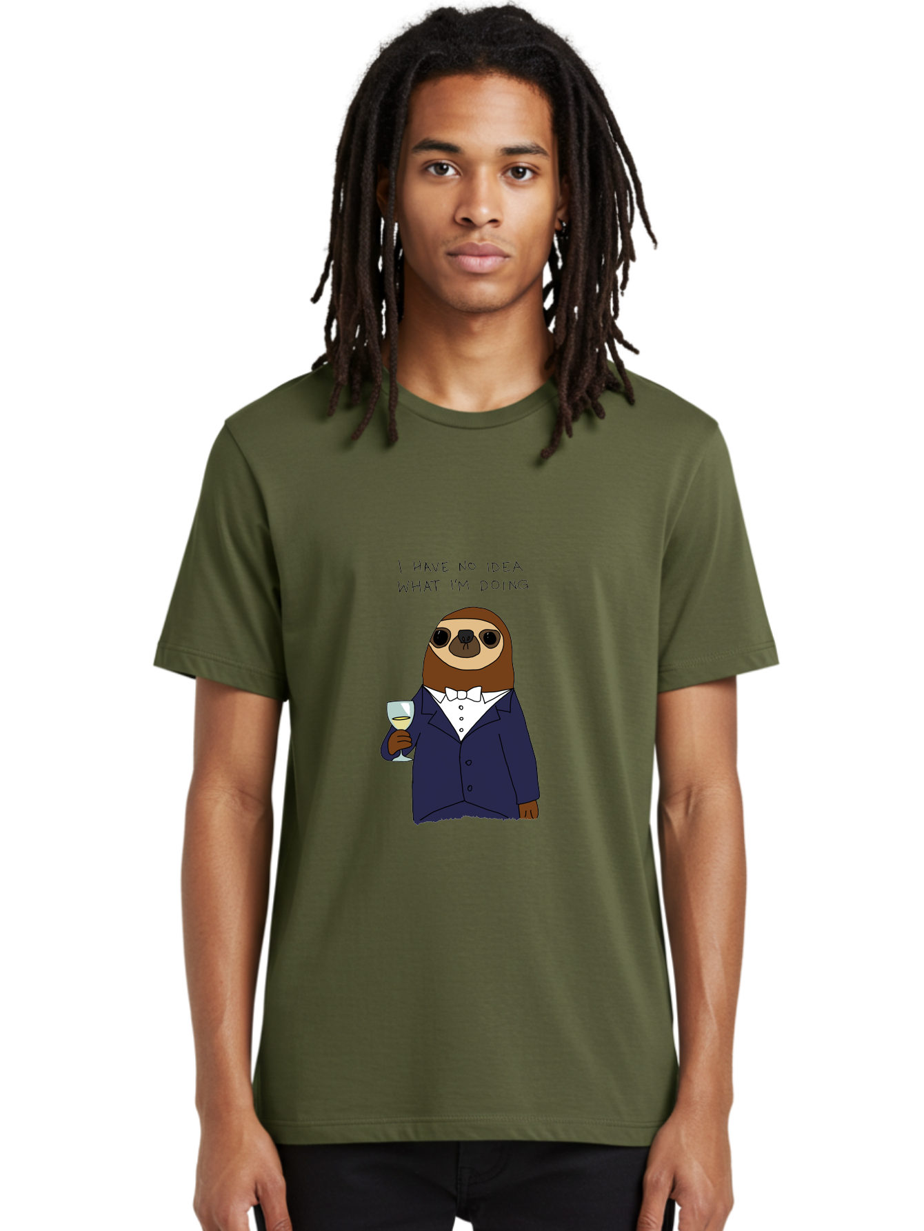 I-Have-No-Idea-What-I-M-Doing Men'S Graphic Tee, 100% Cotton, Comfortable Casual Summer Wear, Machine Washable, Sloth In Tuxedo, Holding Wine Glass, Humor, Funny Animal, Cartoon Character, Adult Beverage, Humorous Quote, Relatable Meme, -  Aaa063