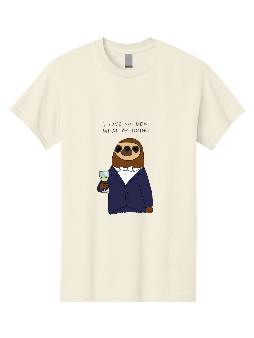 I-Have-No-Idea-What-I-M-Doing Men'S Graphic Tee, 100% Cotton, Comfortable Casual Summer Wear, Machine Washable, Sloth In Tuxedo, Holding Wine Glass, Humor, Funny Animal, Cartoon Character, Adult Beverage, Humorous Quote, Relatable Meme, -  Aaa063