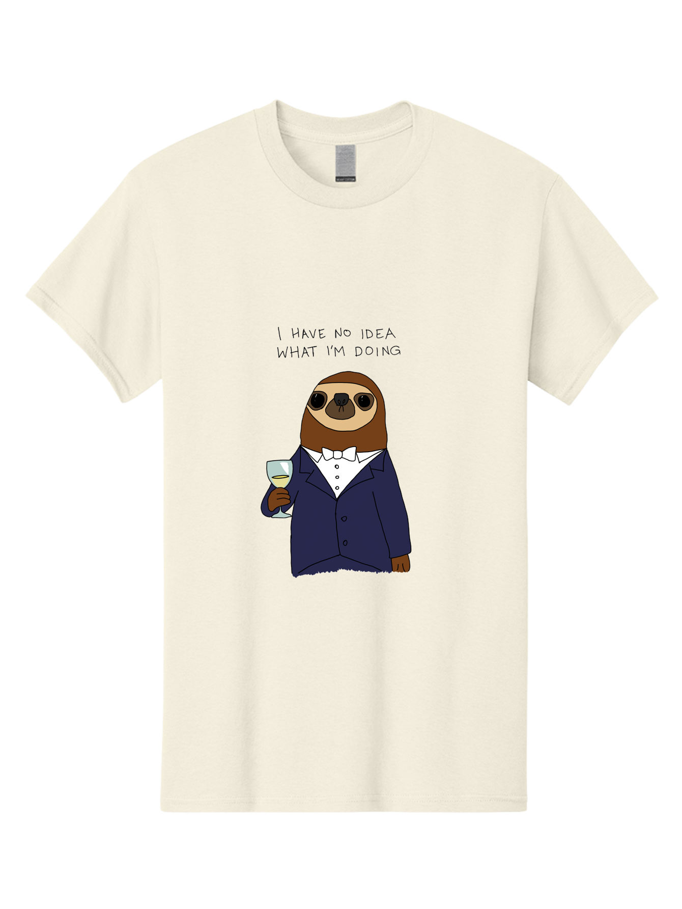 I-Have-No-Idea-What-I-M-Doing Men'S Graphic Tee, 100% Cotton, Comfortable Casual Summer Wear, Machine Washable, Sloth In Tuxedo, Holding Wine Glass, Humor, Funny Animal, Cartoon Character, Adult Beverage, Humorous Quote, Relatable Meme, -  Aaa063