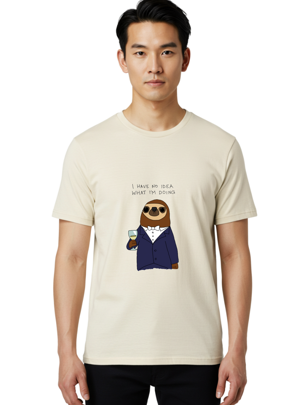 I-Have-No-Idea-What-I-M-Doing Men'S Graphic Tee, 100% Cotton, Comfortable Casual Summer Wear, Machine Washable, Sloth In Tuxedo, Holding Wine Glass, Humor, Funny Animal, Cartoon Character, Adult Beverage, Humorous Quote, Relatable Meme, -  Aaa063