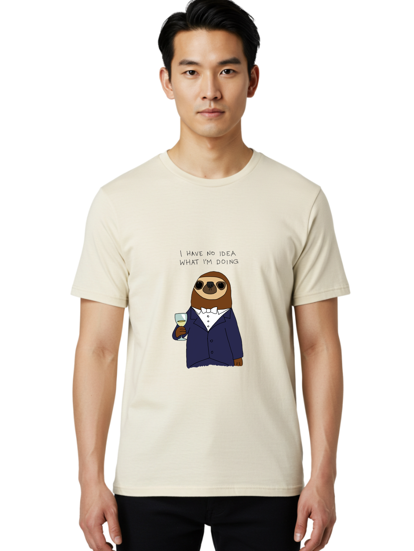 I-Have-No-Idea-What-I-M-Doing Men'S Graphic Tee, 100% Cotton, Comfortable Casual Summer Wear, Machine Washable, Sloth In Tuxedo, Holding Wine Glass, Humor, Funny Animal, Cartoon Character, Adult Beverage, Humorous Quote, Relatable Meme, -  Aaa063