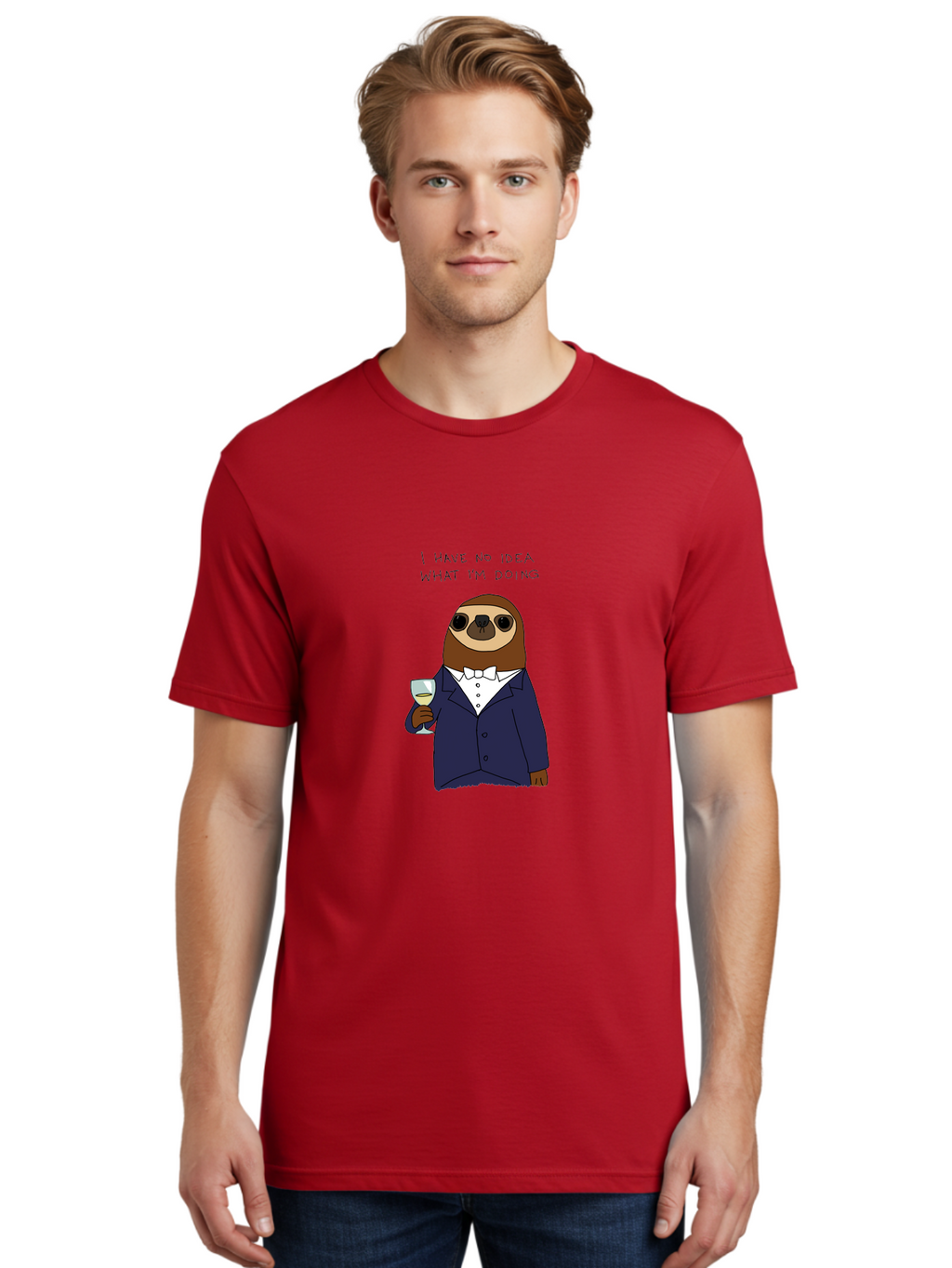 I-Have-No-Idea-What-I-M-Doing Men'S Graphic Tee, 100% Cotton, Comfortable Casual Summer Wear, Machine Washable, Sloth In Tuxedo, Holding Wine Glass, Humor, Funny Animal, Cartoon Character, Adult Beverage, Humorous Quote, Relatable Meme, -  Aaa063