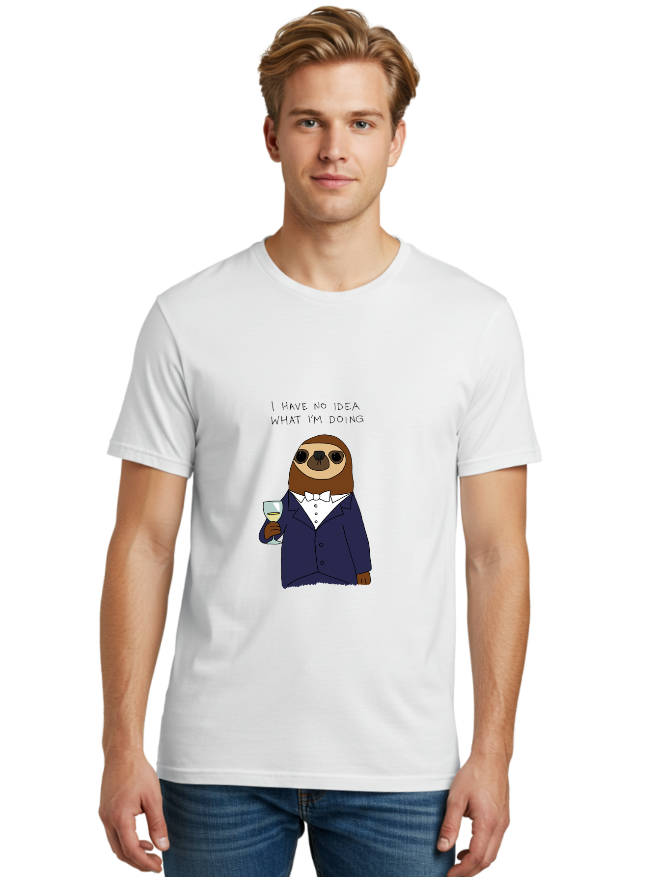 I-Have-No-Idea-What-I-M-Doing Men'S Graphic Tee, 100% Cotton, Comfortable Casual Summer Wear, Machine Washable, Sloth In Tuxedo, Holding Wine Glass, Humor, Funny Animal, Cartoon Character, Adult Beverage, Humorous Quote, Relatable Meme, -  Aaa063